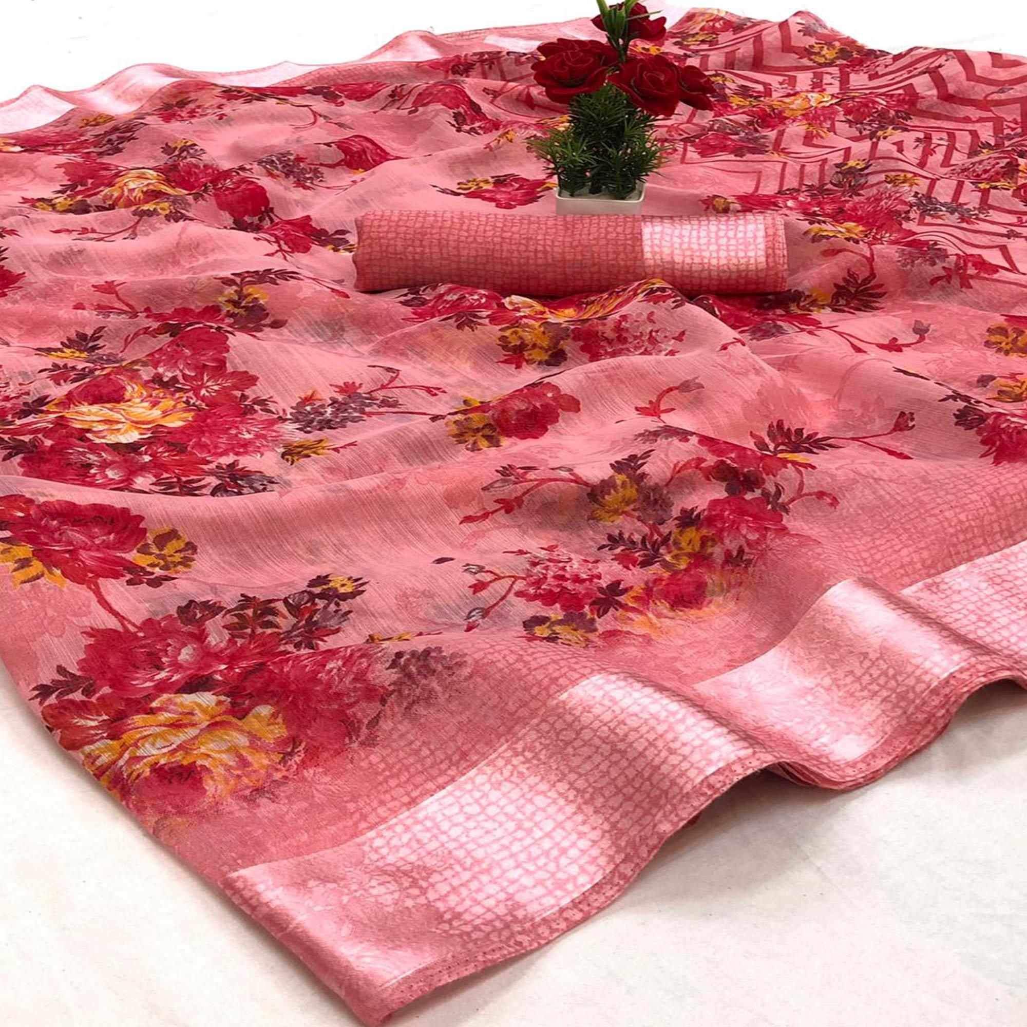 Desirable Pink Colored Casual Wear Digital Printed Heavy Cotton Linen Saree - Peachmode