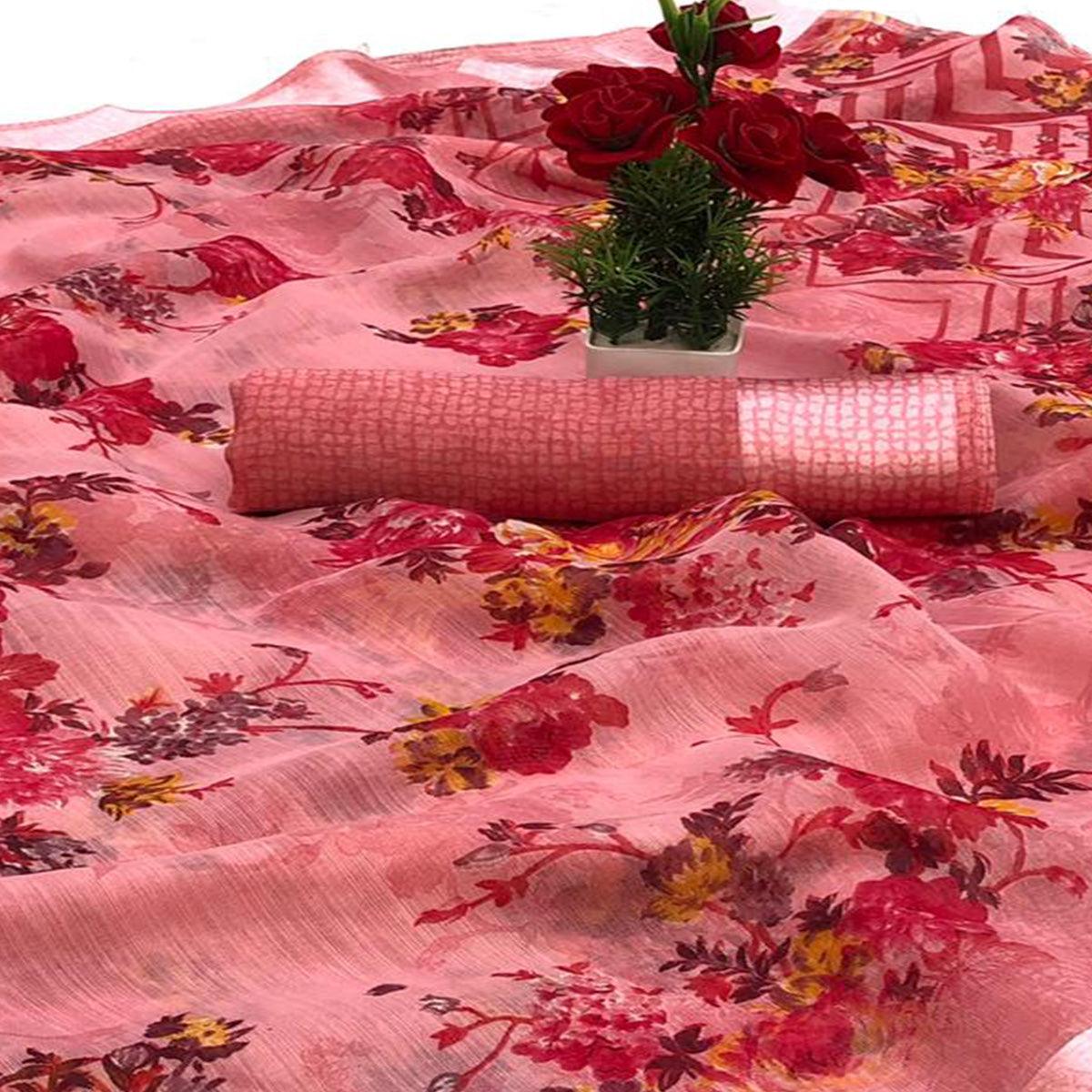 Desirable Pink Colored Casual Wear Digital Printed Heavy Cotton Linen Saree - Peachmode