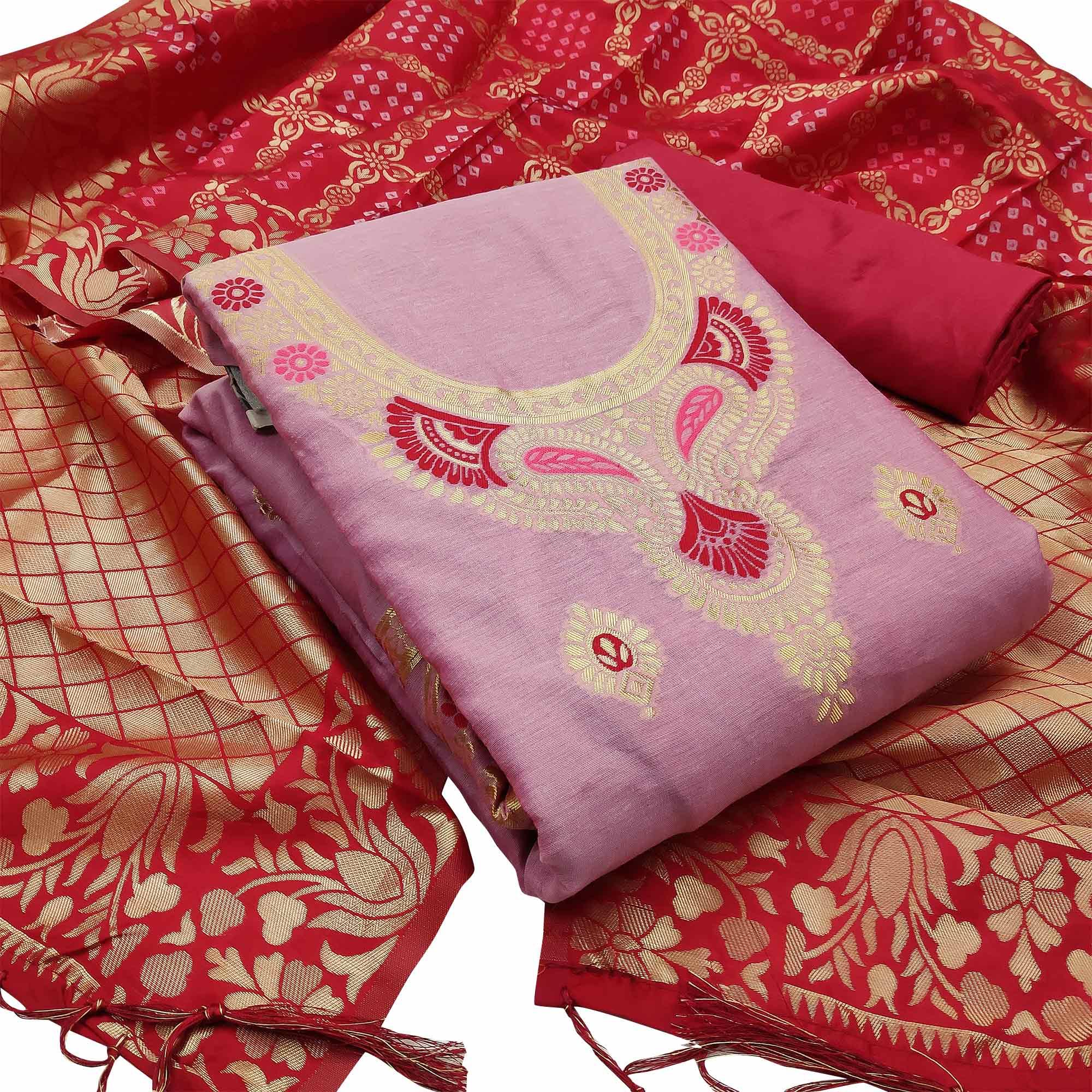 Desirable Pink Colored Festive Wear Woven Banarasi Silk Dress Material - Peachmode