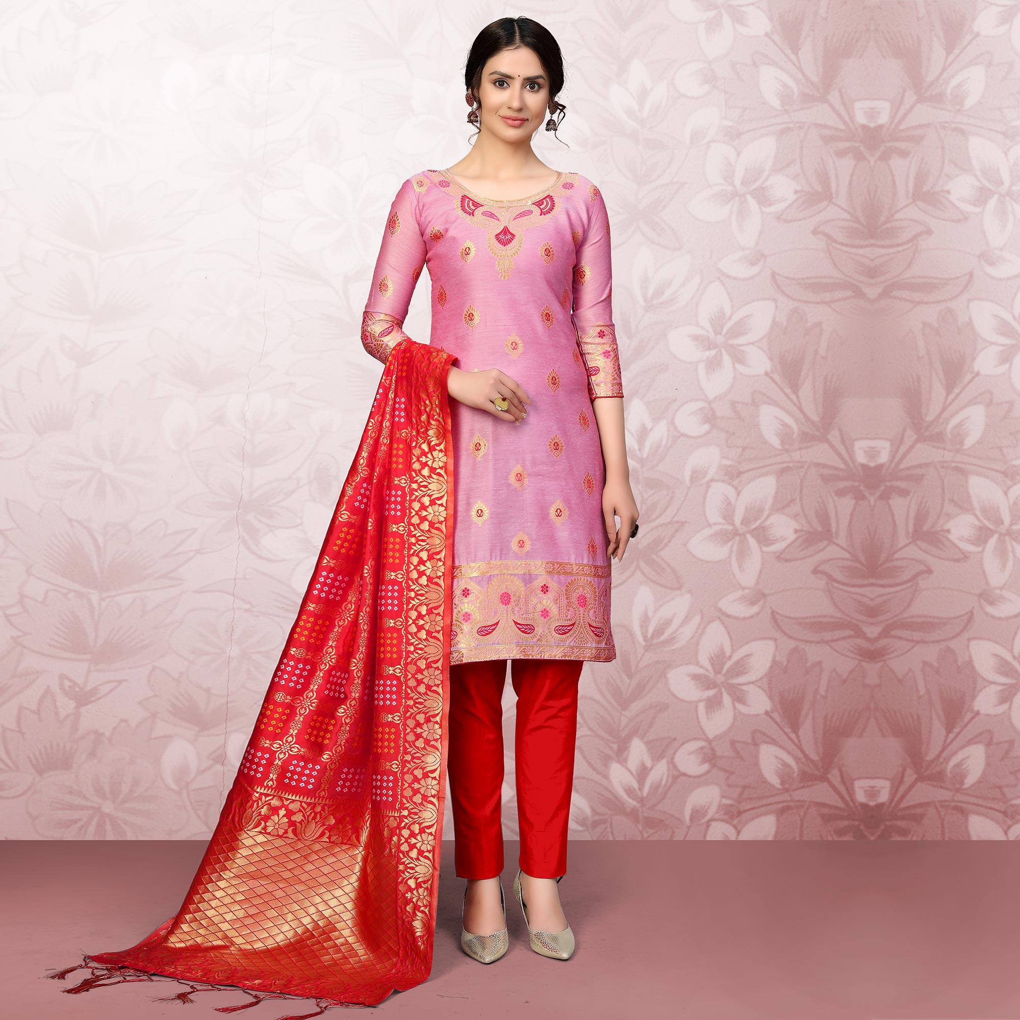 Desirable Pink Colored Festive Wear Woven Banarasi Silk Dress Material - Peachmode