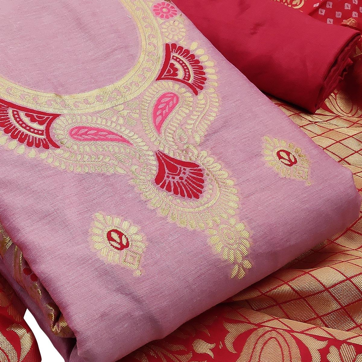 Desirable Pink Colored Festive Wear Woven Banarasi Silk Dress Material - Peachmode