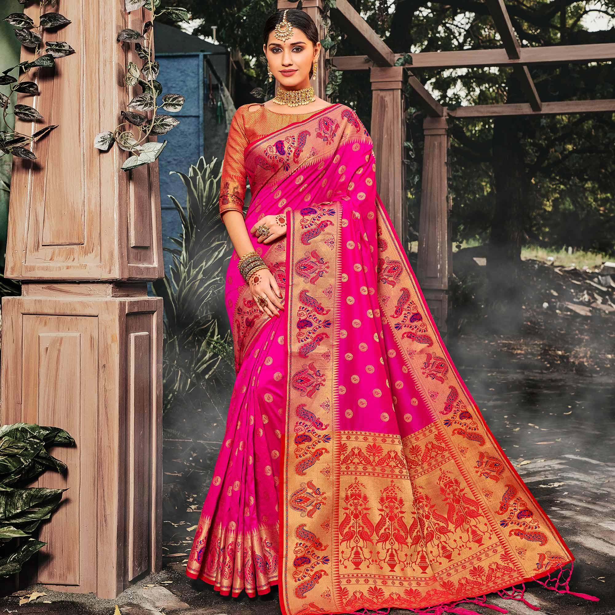 Desirable Pink Colored Festive Wear Woven Banarasi Silk Saree With Tassels - Peachmode