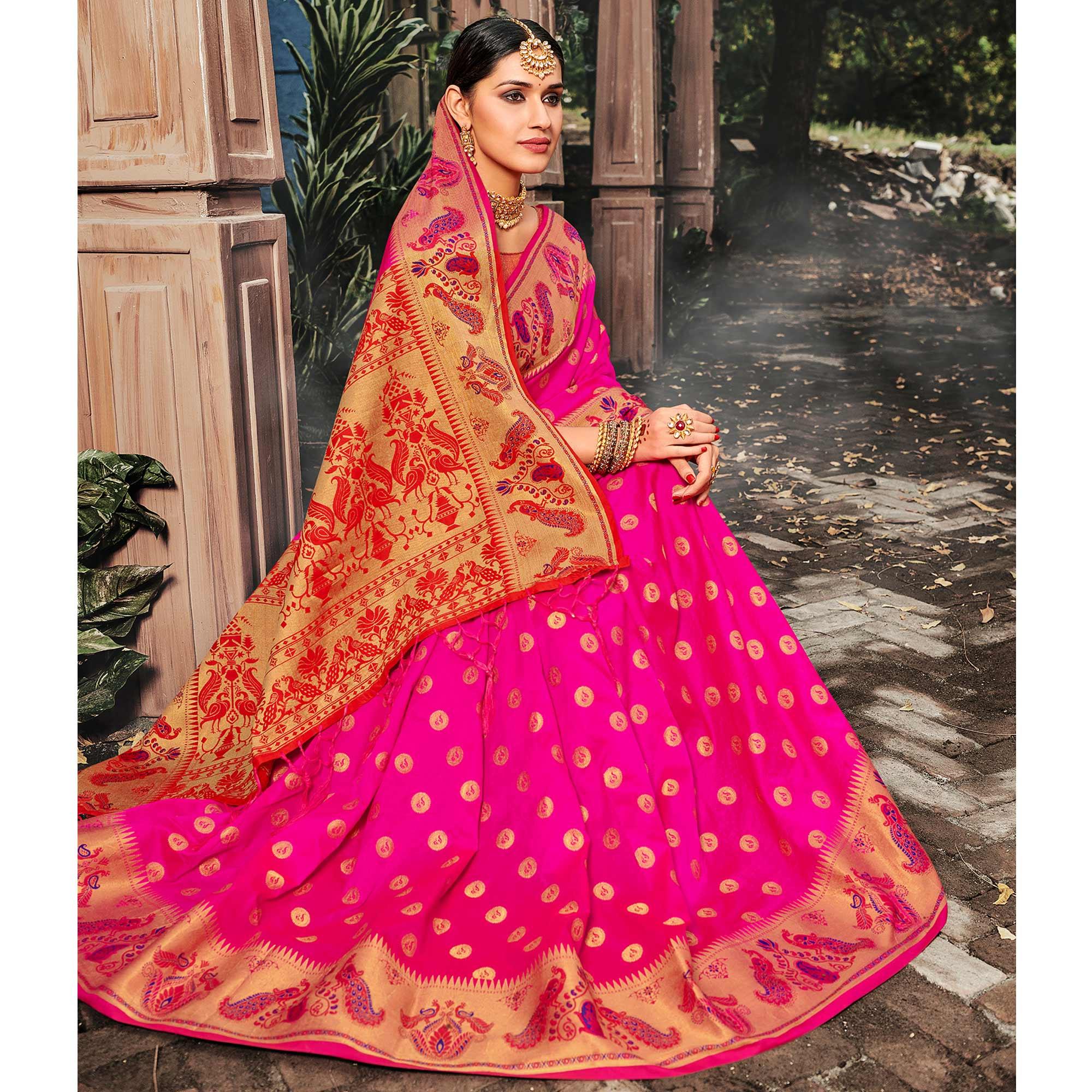 Desirable Pink Colored Festive Wear Woven Banarasi Silk Saree With Tassels - Peachmode