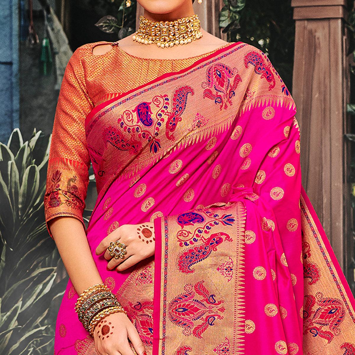 Desirable Pink Colored Festive Wear Woven Banarasi Silk Saree With Tassels - Peachmode
