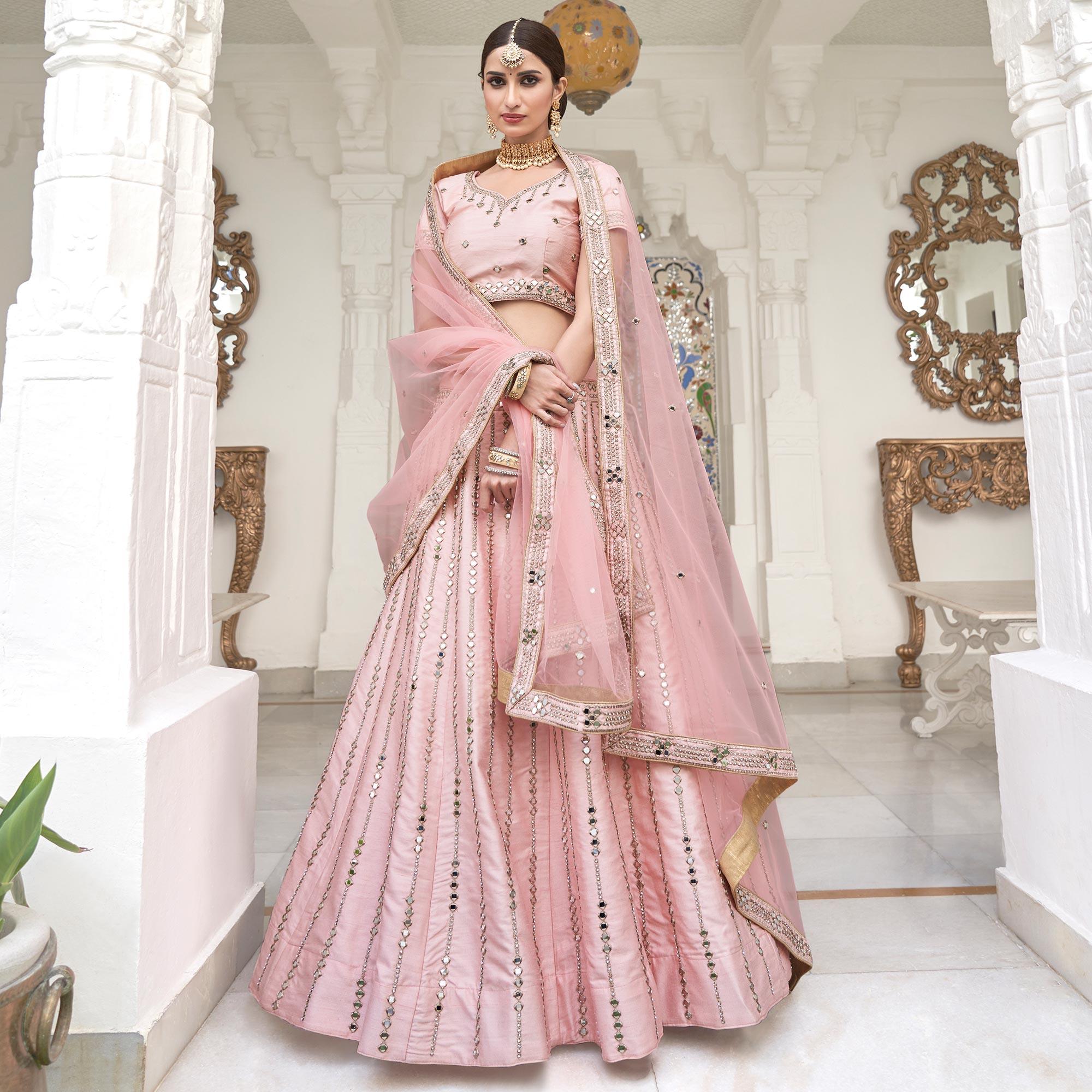 Desirable Pink Coloured Wedding Wear Mirror Work Heavy Silk Lehenga Choli - Peachmode