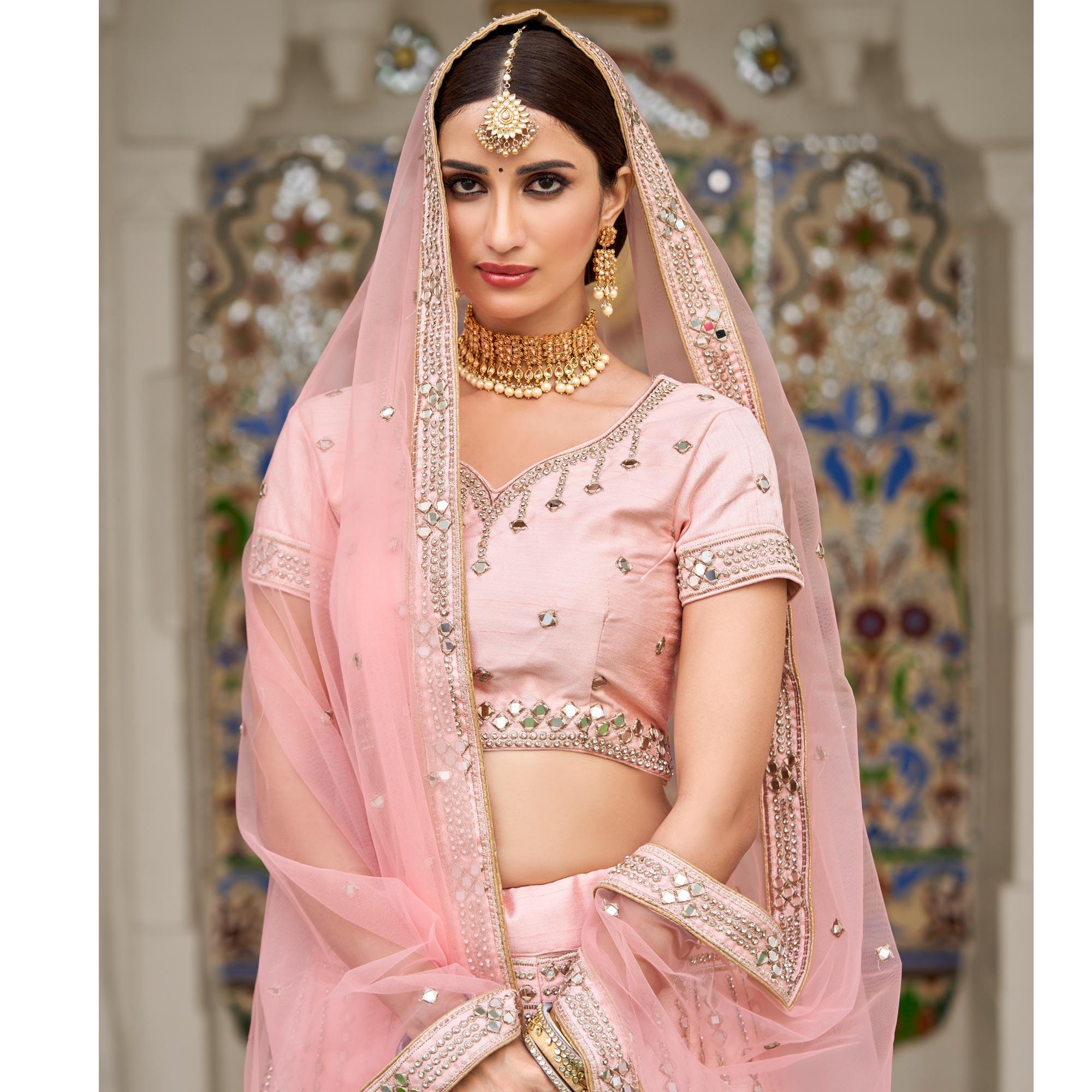 Desirable Pink Coloured Wedding Wear Mirror Work Heavy Silk Lehenga Choli - Peachmode