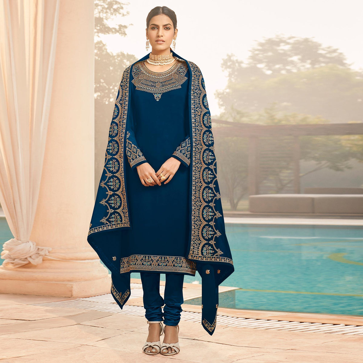 Navy Blue Designer Embroidered Jacquard Party Wear Pant Suit