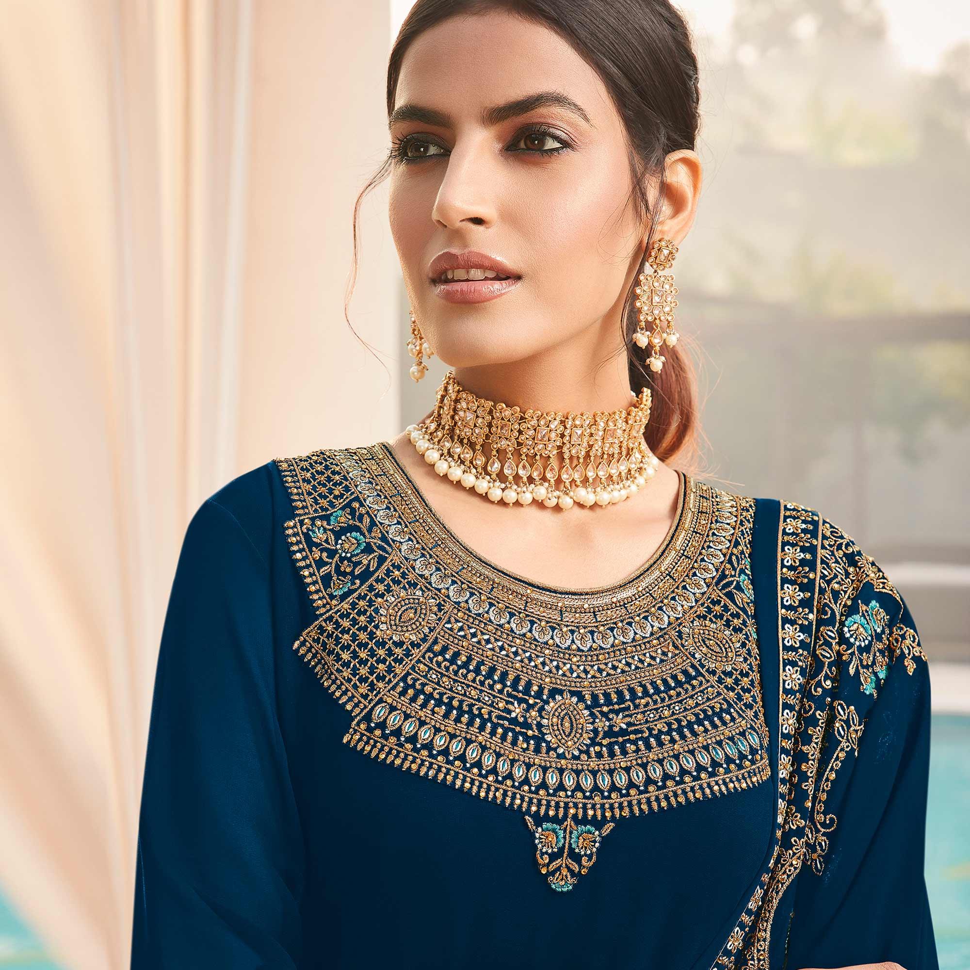 Desirable Rama Blue Coloured Party Wear Embroidered Stone Work Faux Georgette Salwar Suit - Peachmode