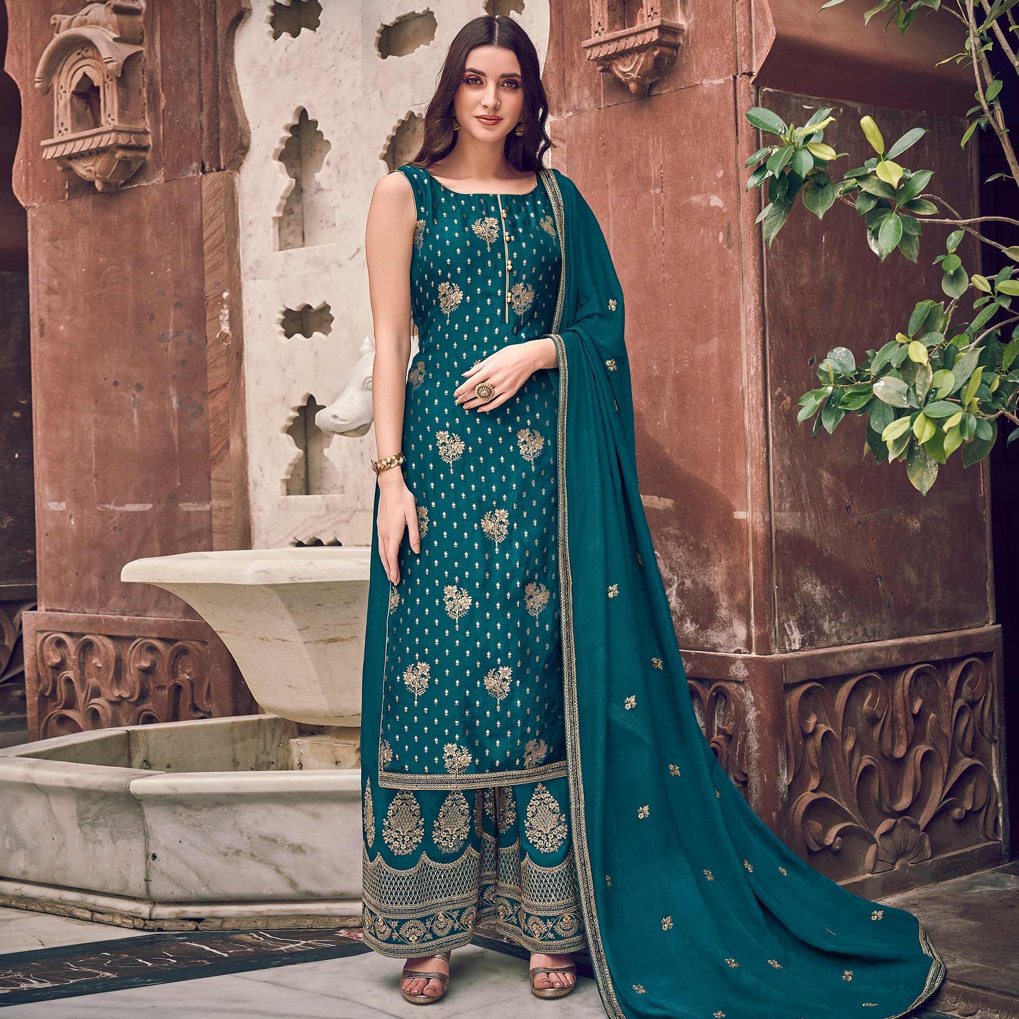 Desirable Rama Colored Partywear Embroidered Pure Dola Jacquard Palazzo Suit - Peachmode