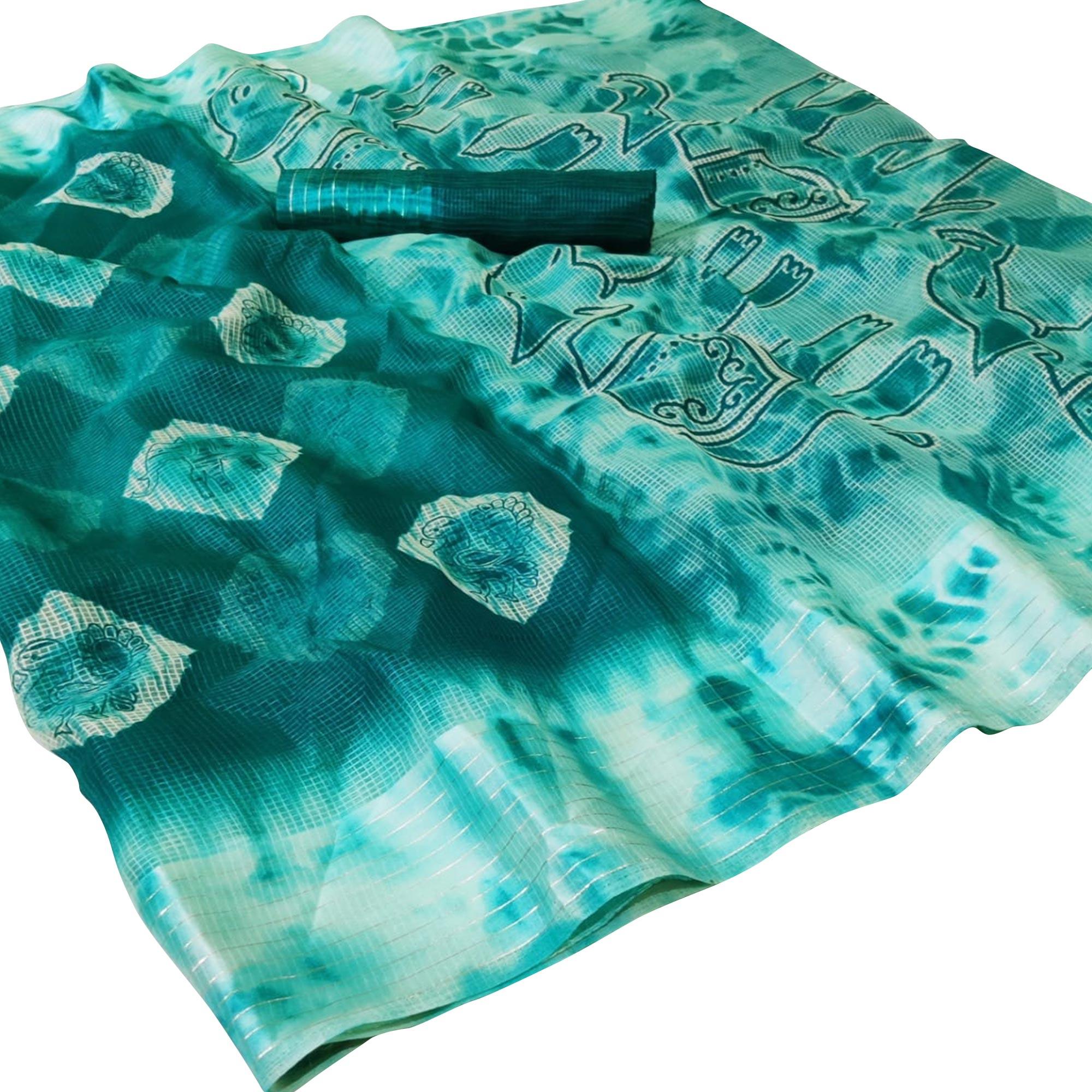 Desirable Rama Green Colored Casual Wear Printed Silk Saree - Peachmode