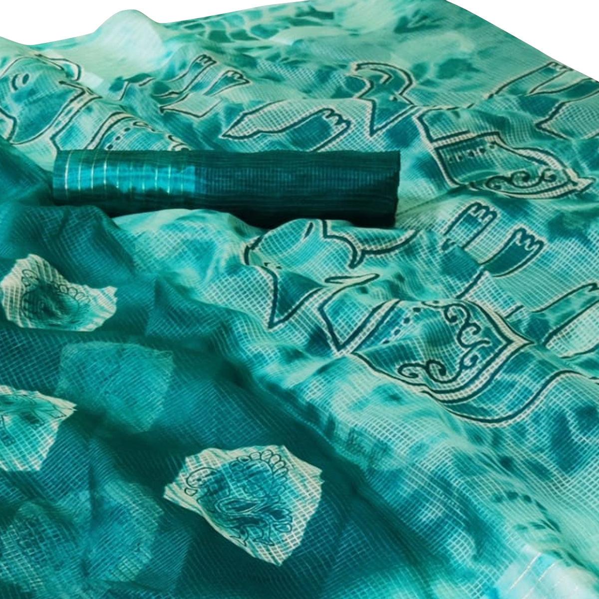 Desirable Rama Green Colored Casual Wear Printed Silk Saree - Peachmode