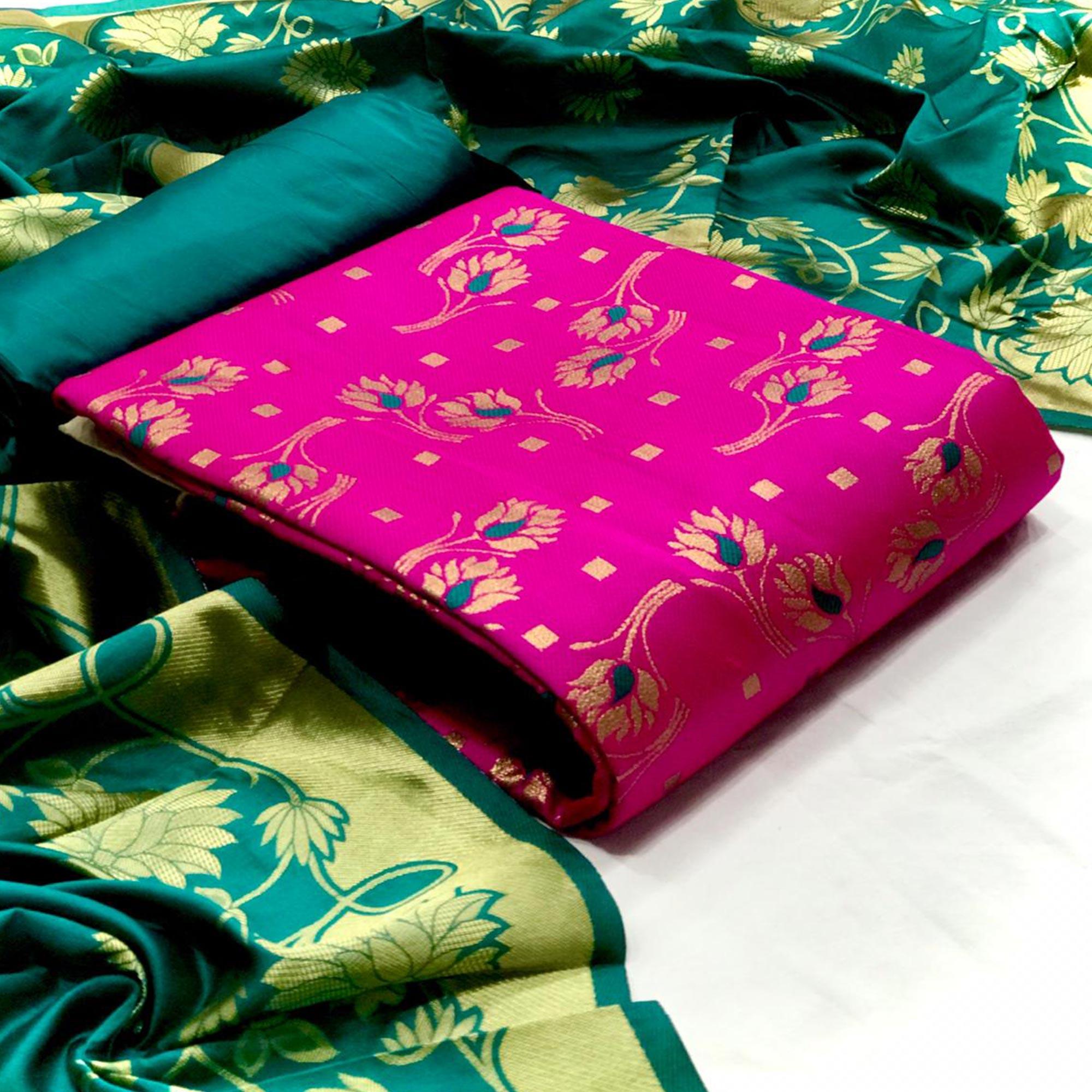 Desirable Rani Pink Colored Casual Wear Woven Banarasi Silk Dress Material - Peachmode