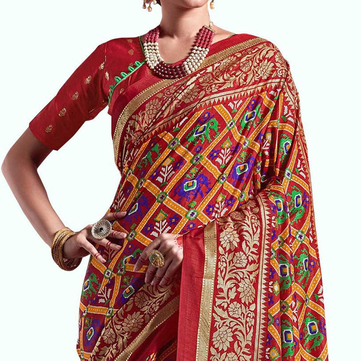 Desirable Red Colored Festive Wear Printed Kanjivaram Silk Saree - Peachmode