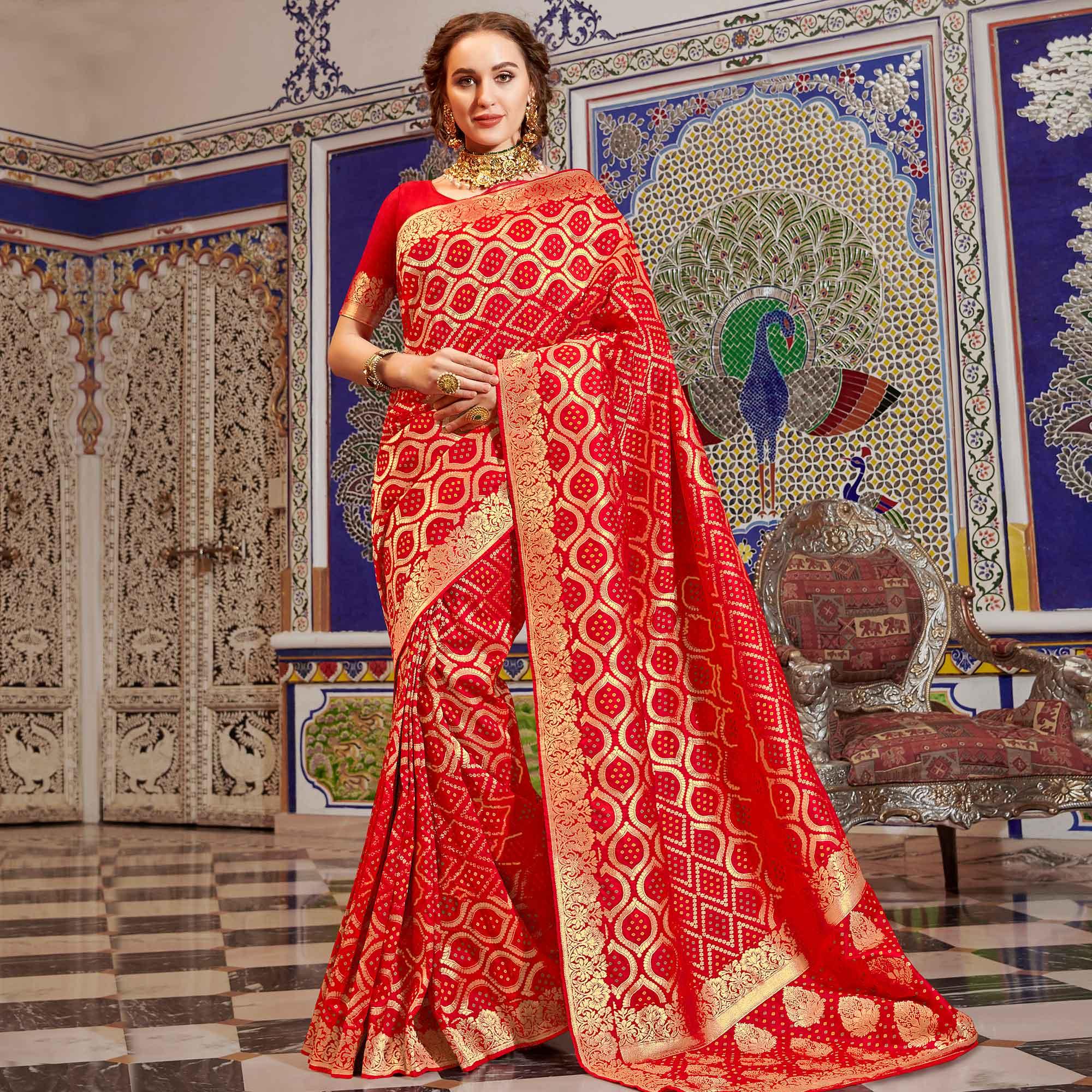 Desirable Red Colored Festive Wear Woven Handloom Silk Saree - Peachmode