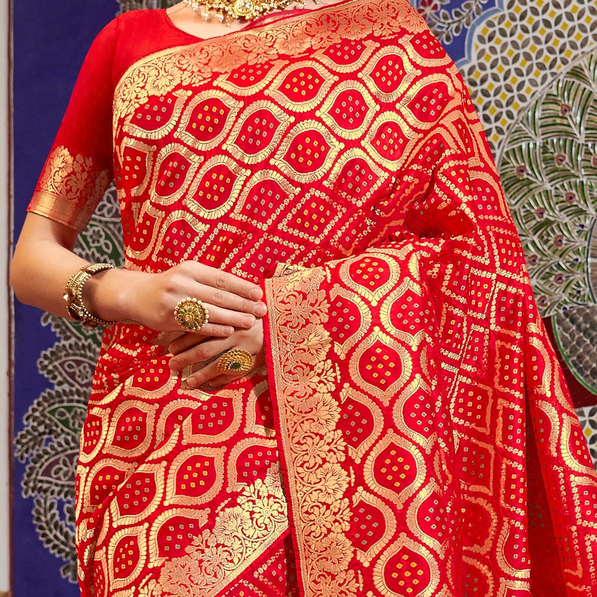 Desirable Red Colored Festive Wear Woven Handloom Silk Saree - Peachmode