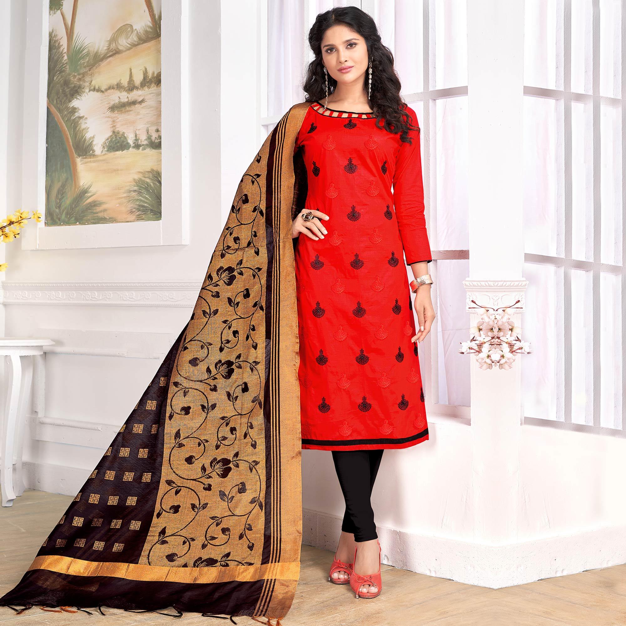 Desirable Red Colored Party Wear Embroidered Cotton Salwar Suit - Peachmode
