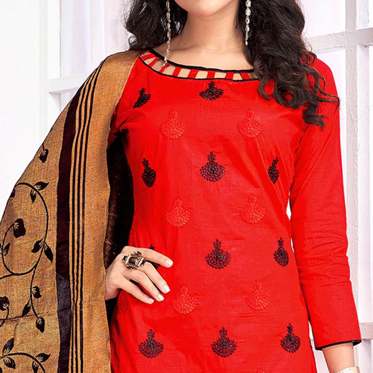 Desirable Red Colored Party Wear Embroidered Cotton Salwar Suit - Peachmode