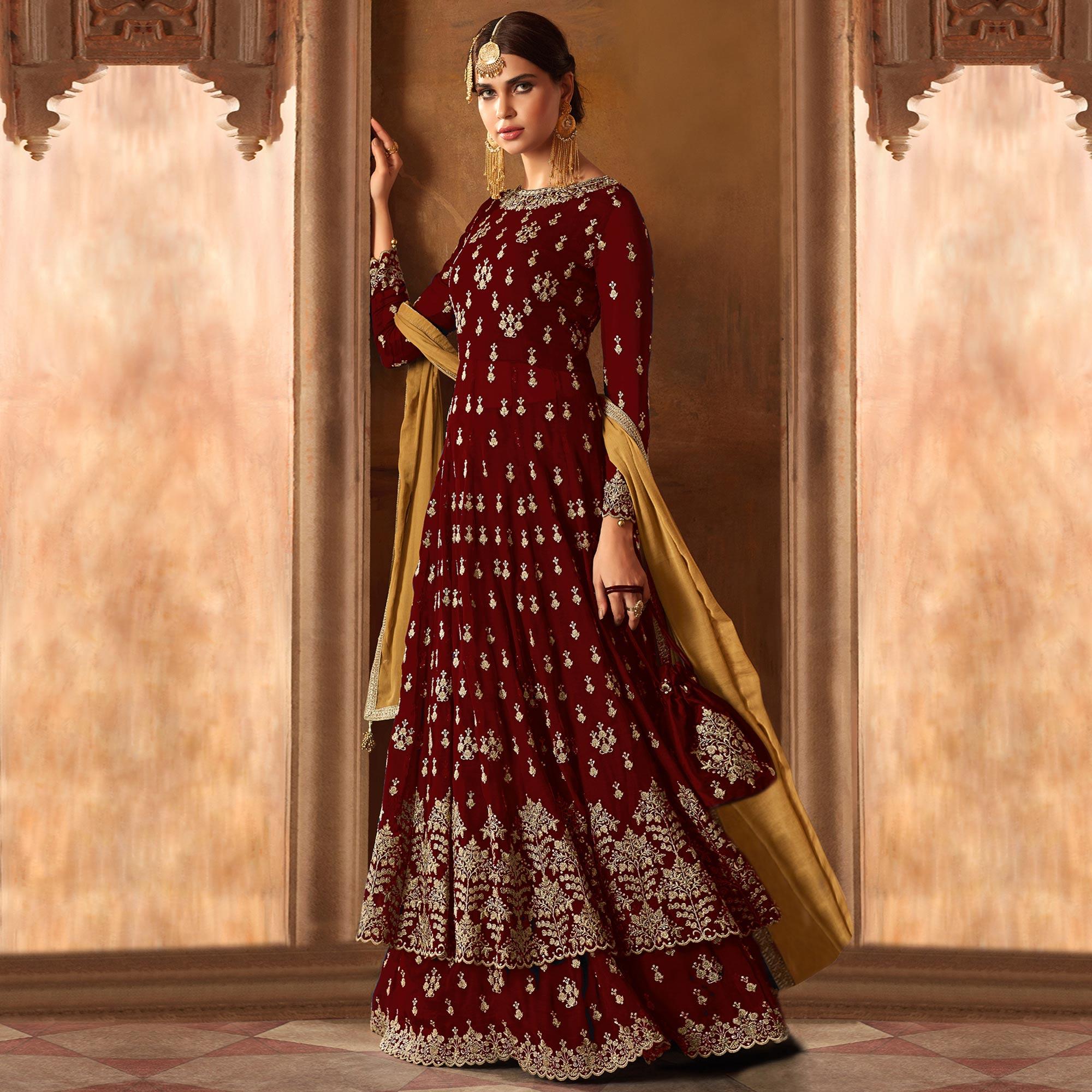 Desirable Red Colored Partywear Embroidered Georgette Lehenga Kameez - Peachmode