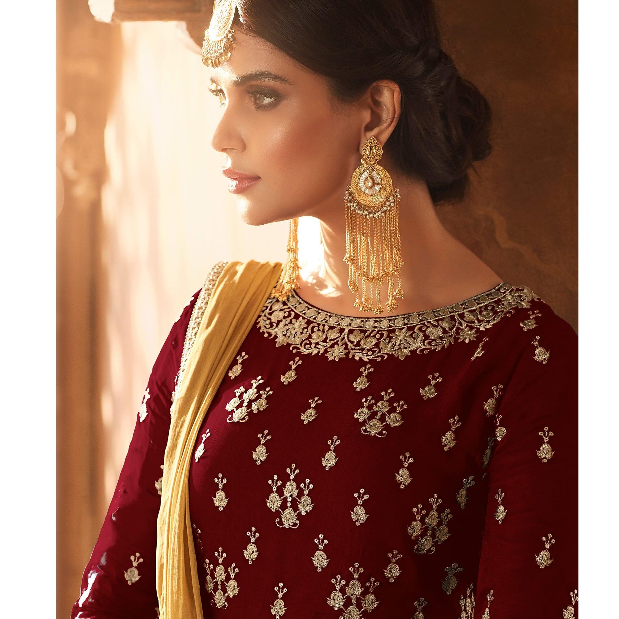 Desirable Red Colored Partywear Embroidered Georgette Lehenga Kameez - Peachmode