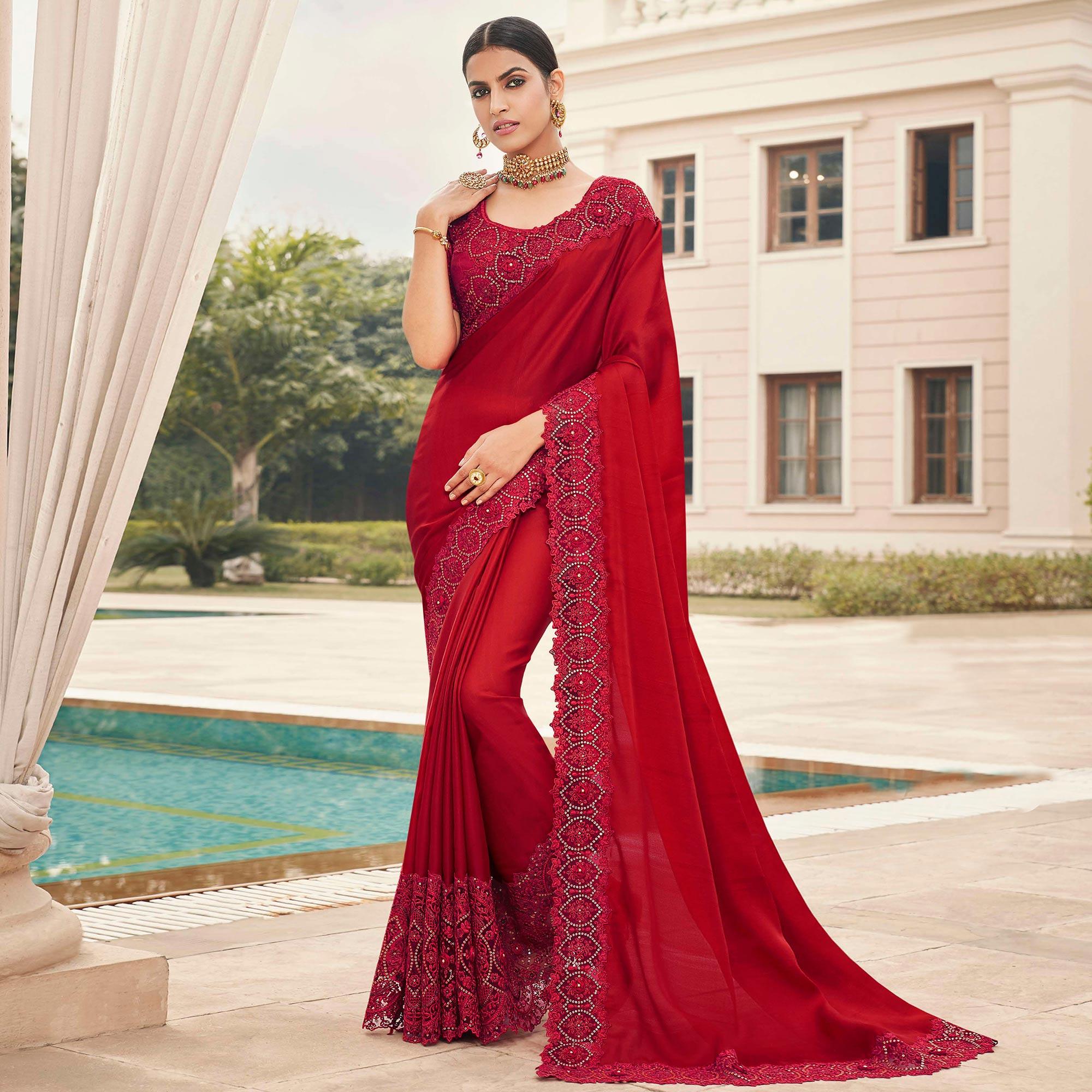 Desirable Red Coloured Partywear Embroidered Silk Saree - Peachmode