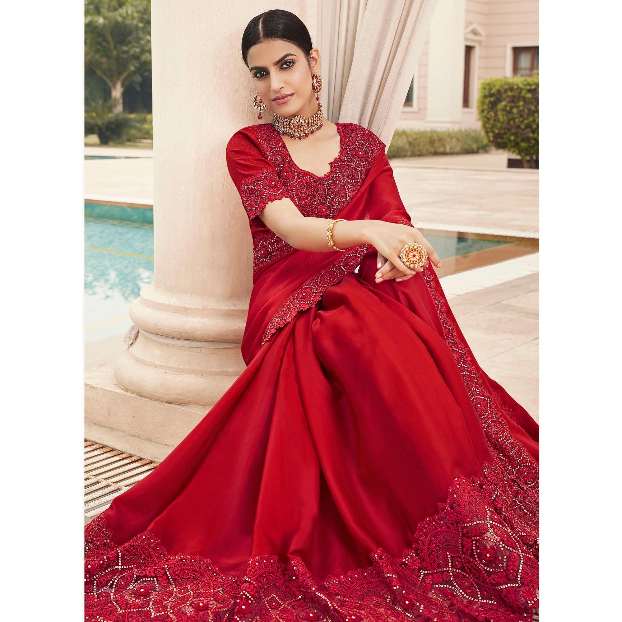 Desirable Red Coloured Partywear Embroidered Silk Saree - Peachmode