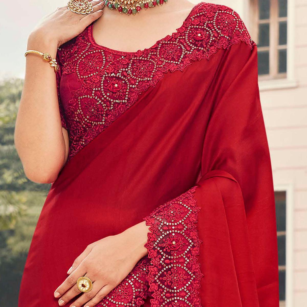 Desirable Red Coloured Partywear Embroidered Silk Saree - Peachmode