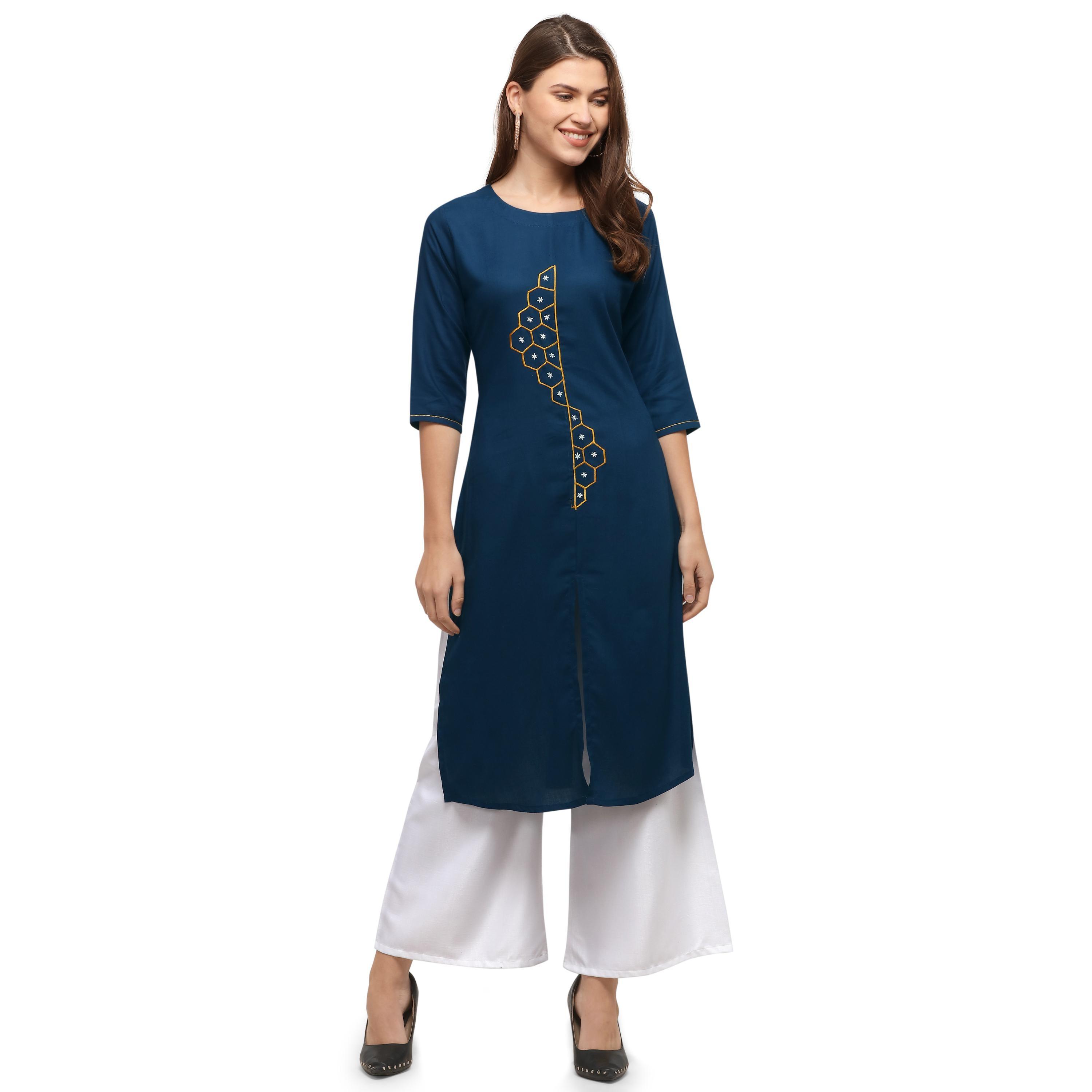 Desirable Sky Blue Colored Casual Wear Embroidered Rayon Kurti With Palazzo - Peachmode