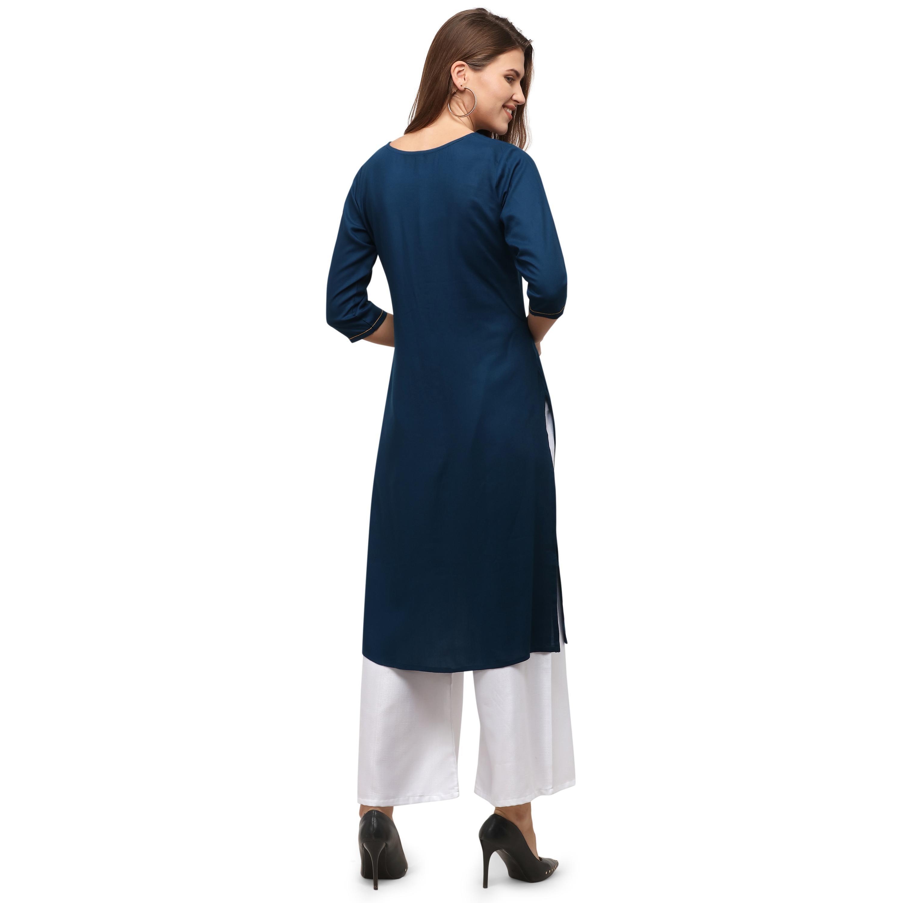 Desirable Sky Blue Colored Casual Wear Embroidered Rayon Kurti With Palazzo - Peachmode