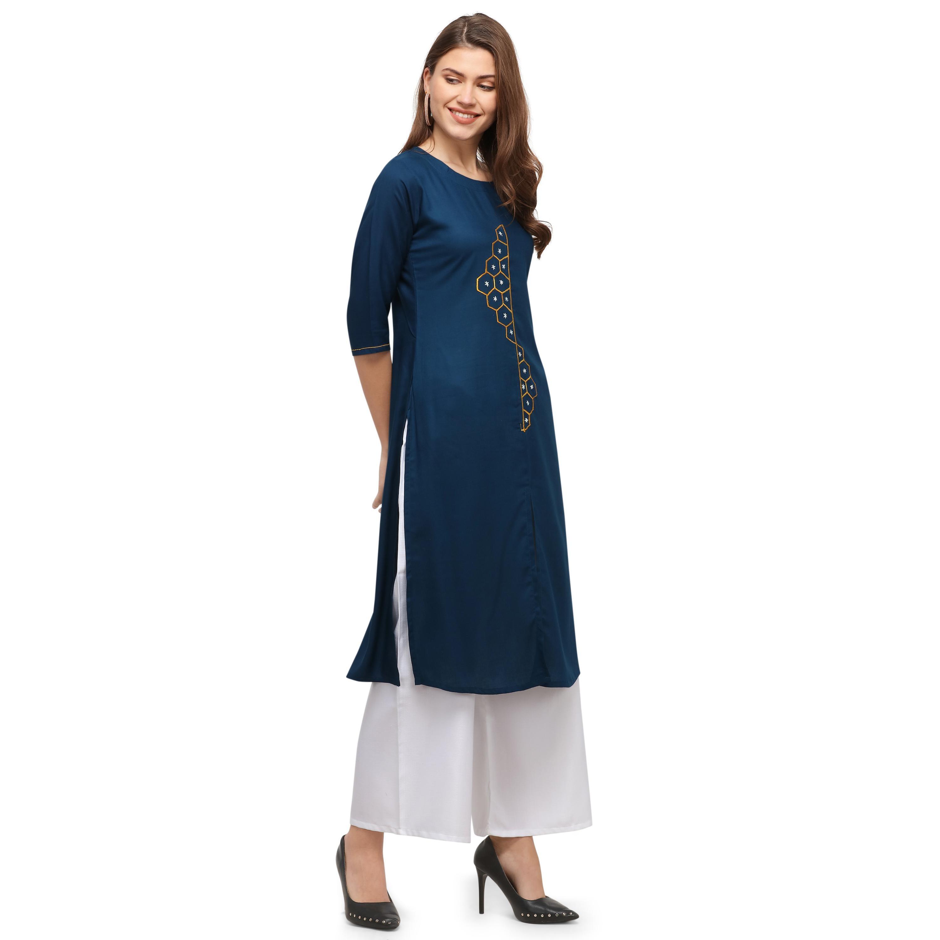 Desirable Sky Blue Colored Casual Wear Embroidered Rayon Kurti With Palazzo - Peachmode