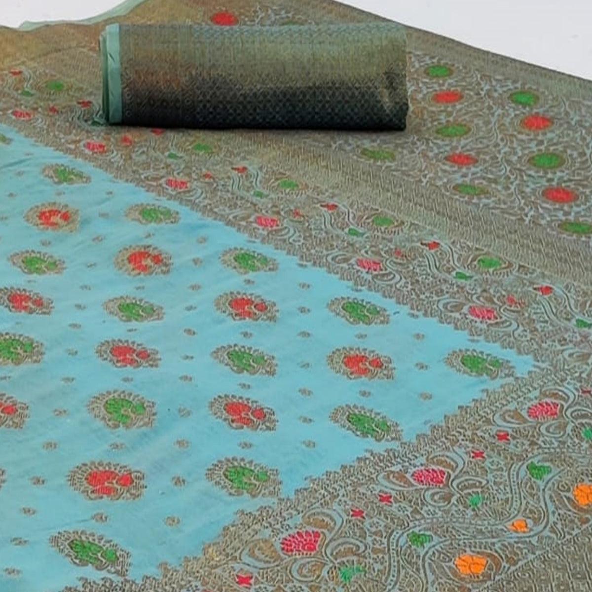 Desirable Sky Blue Colored Festive Wear Woven Cotton Saree - Peachmode