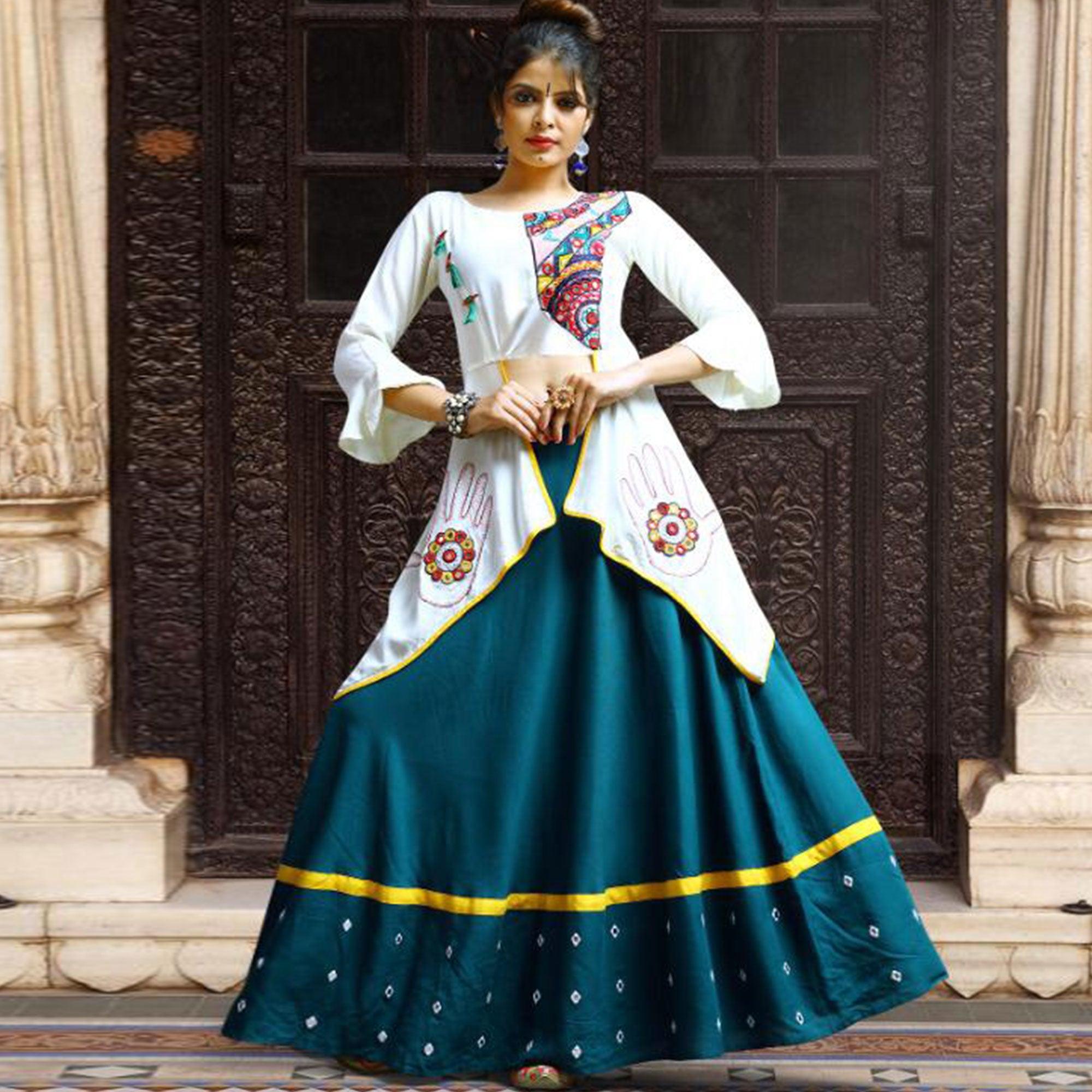 Desirable Teal Blue-White Colored Party Wear Embroidered Rayon Lehenga - Peachmode