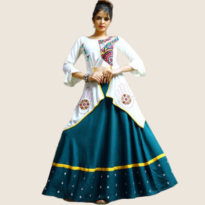 Desirable Teal Blue-White Colored Party Wear Embroidered Rayon Lehenga - Peachmode