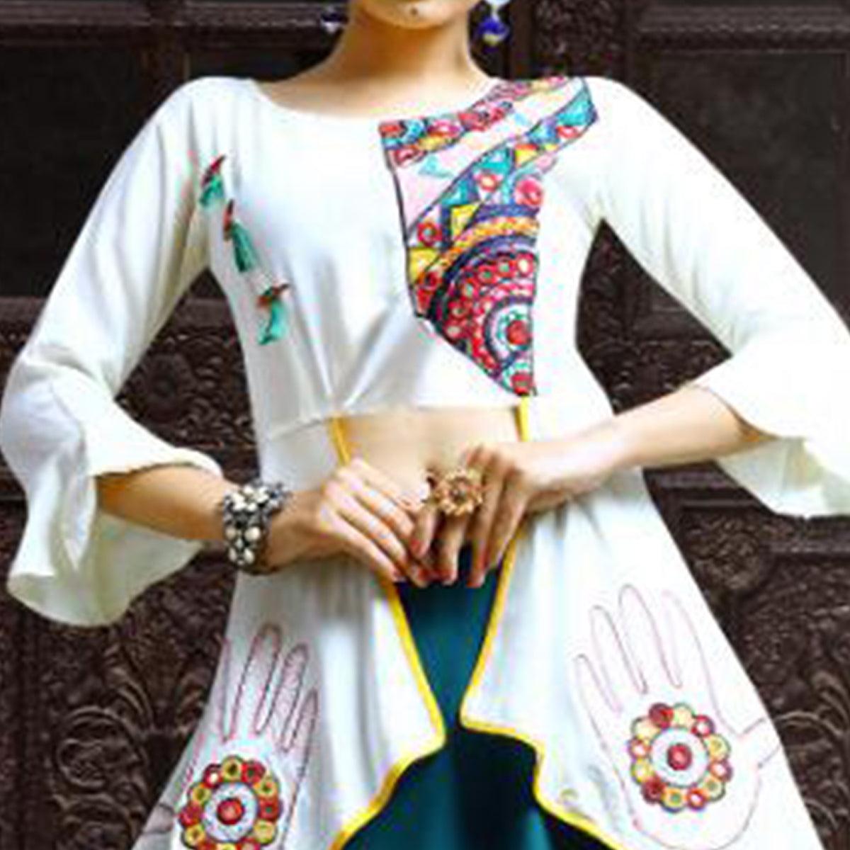 Desirable Teal Blue-White Colored Party Wear Embroidered Rayon Lehenga - Peachmode