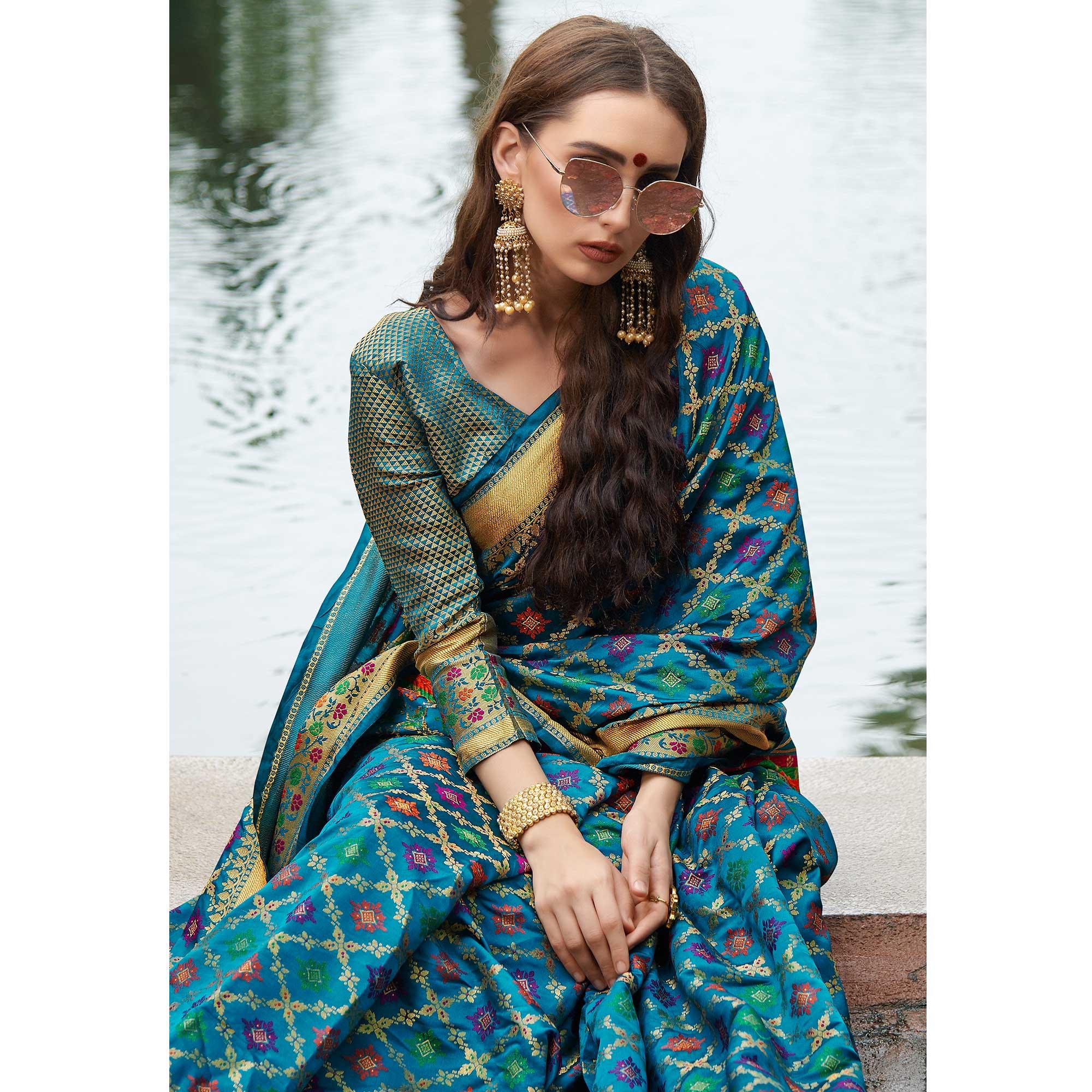 Desirable Turquoise Blue Colored Festive Wear Woven Silk Saree - Peachmode