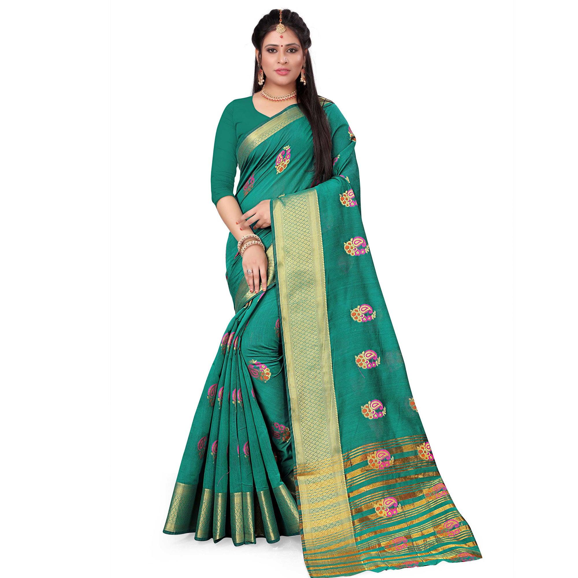 Desirable Turquoise Green Colored Festive Wear Woven Cotton Silk Saree - Peachmode