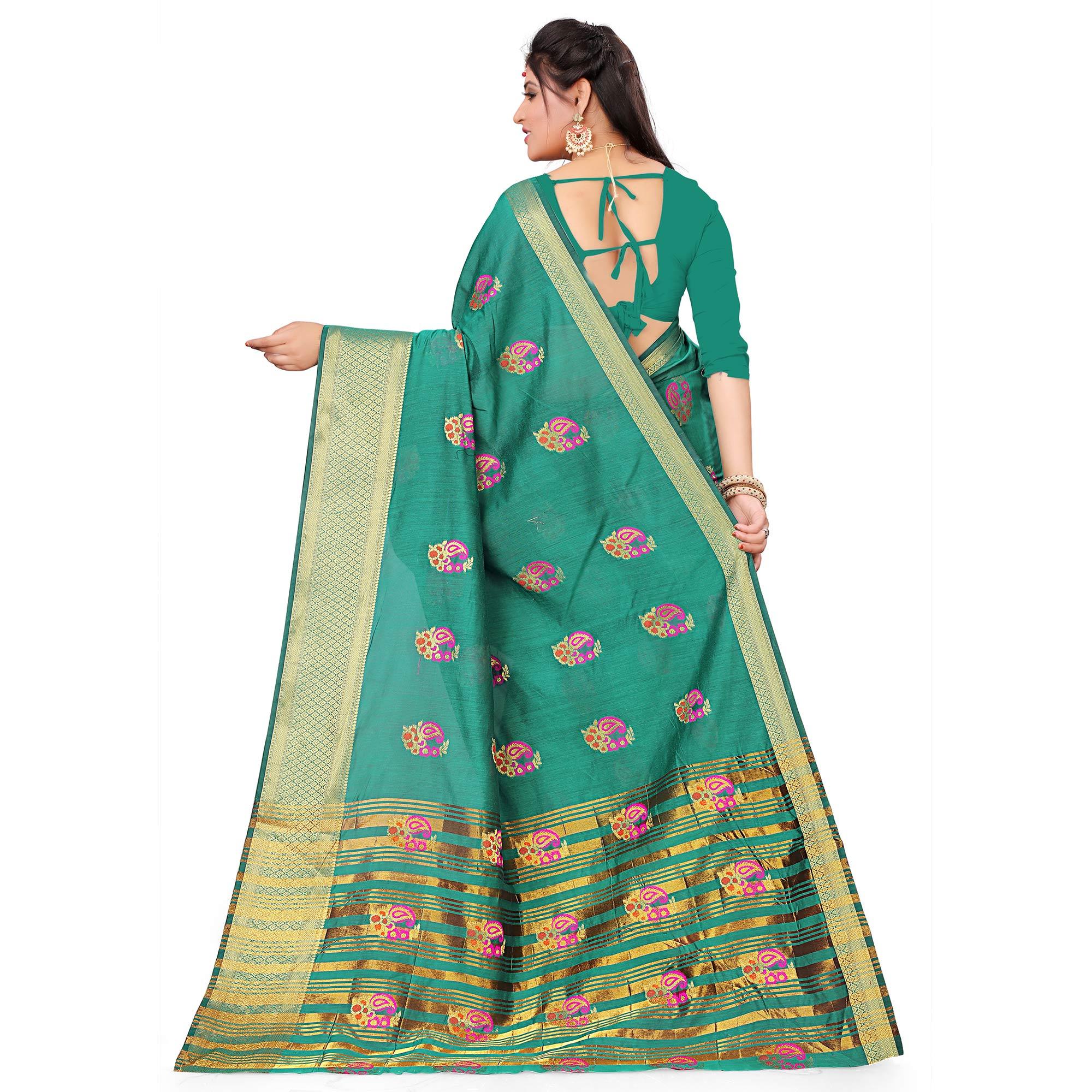 Desirable Turquoise Green Colored Festive Wear Woven Cotton Silk Saree - Peachmode