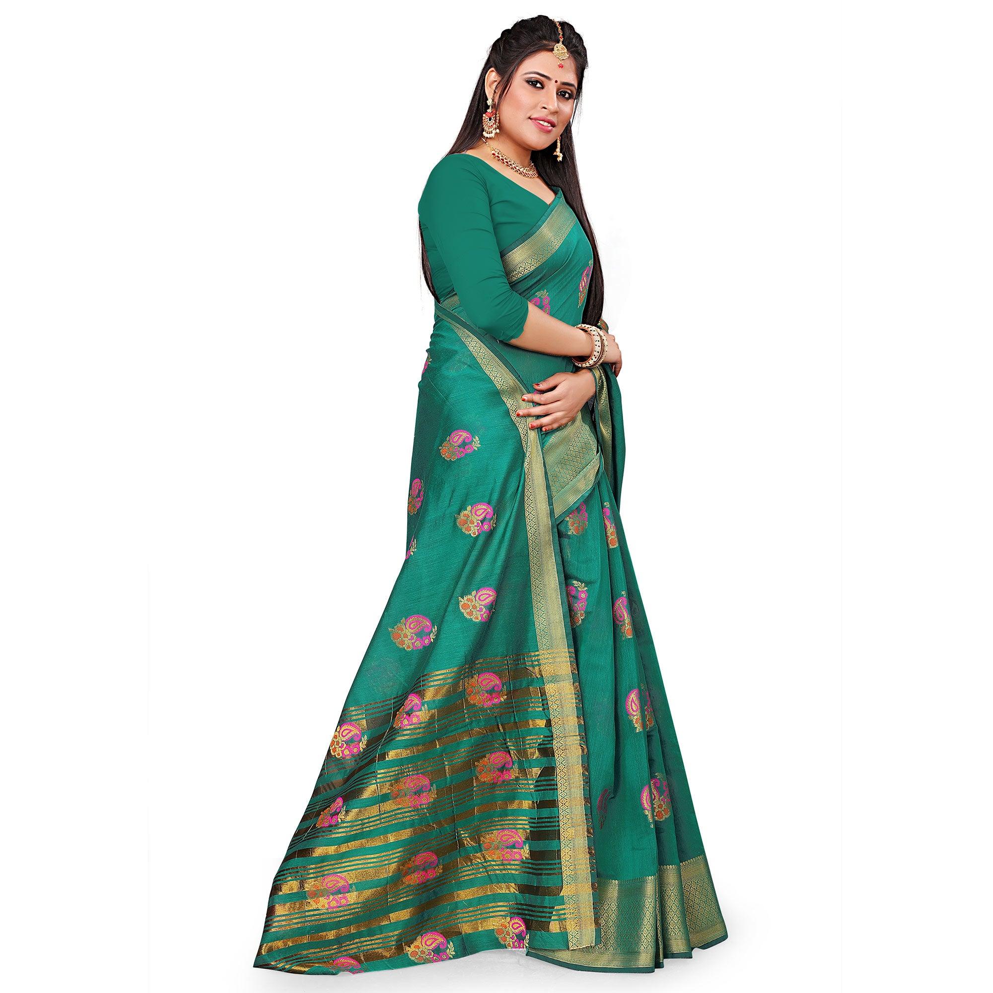 Desirable Turquoise Green Colored Festive Wear Woven Cotton Silk Saree - Peachmode