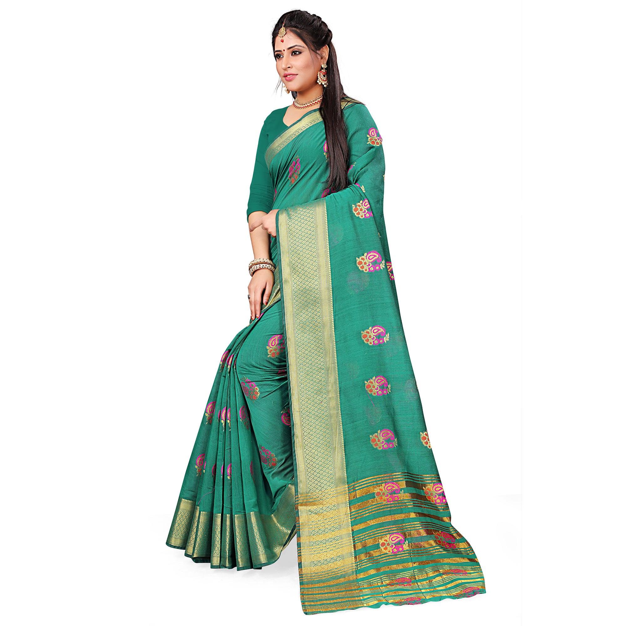 Desirable Turquoise Green Colored Festive Wear Woven Cotton Silk Saree - Peachmode