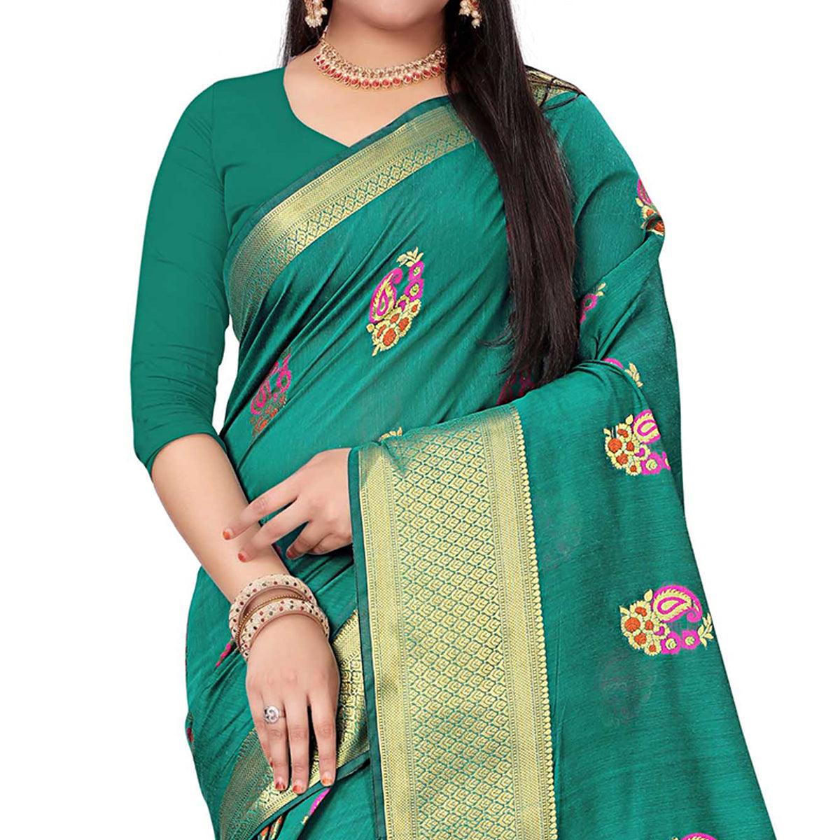 Desirable Turquoise Green Colored Festive Wear Woven Cotton Silk Saree - Peachmode