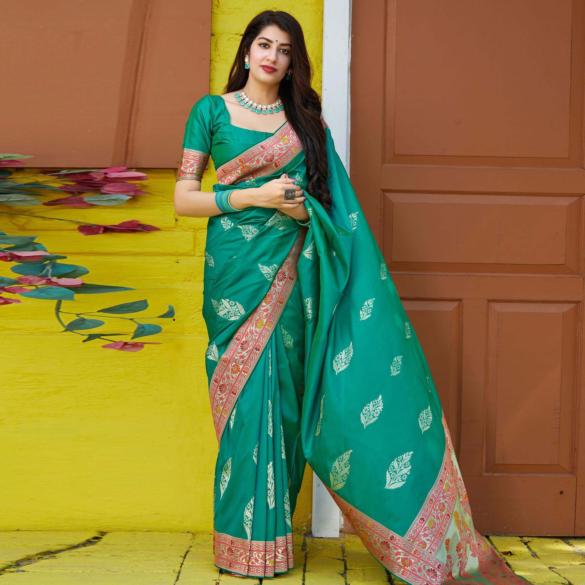 Desirable Turquoise Green Colored Festive Wear Woven Soft Silk Saree - Peachmode