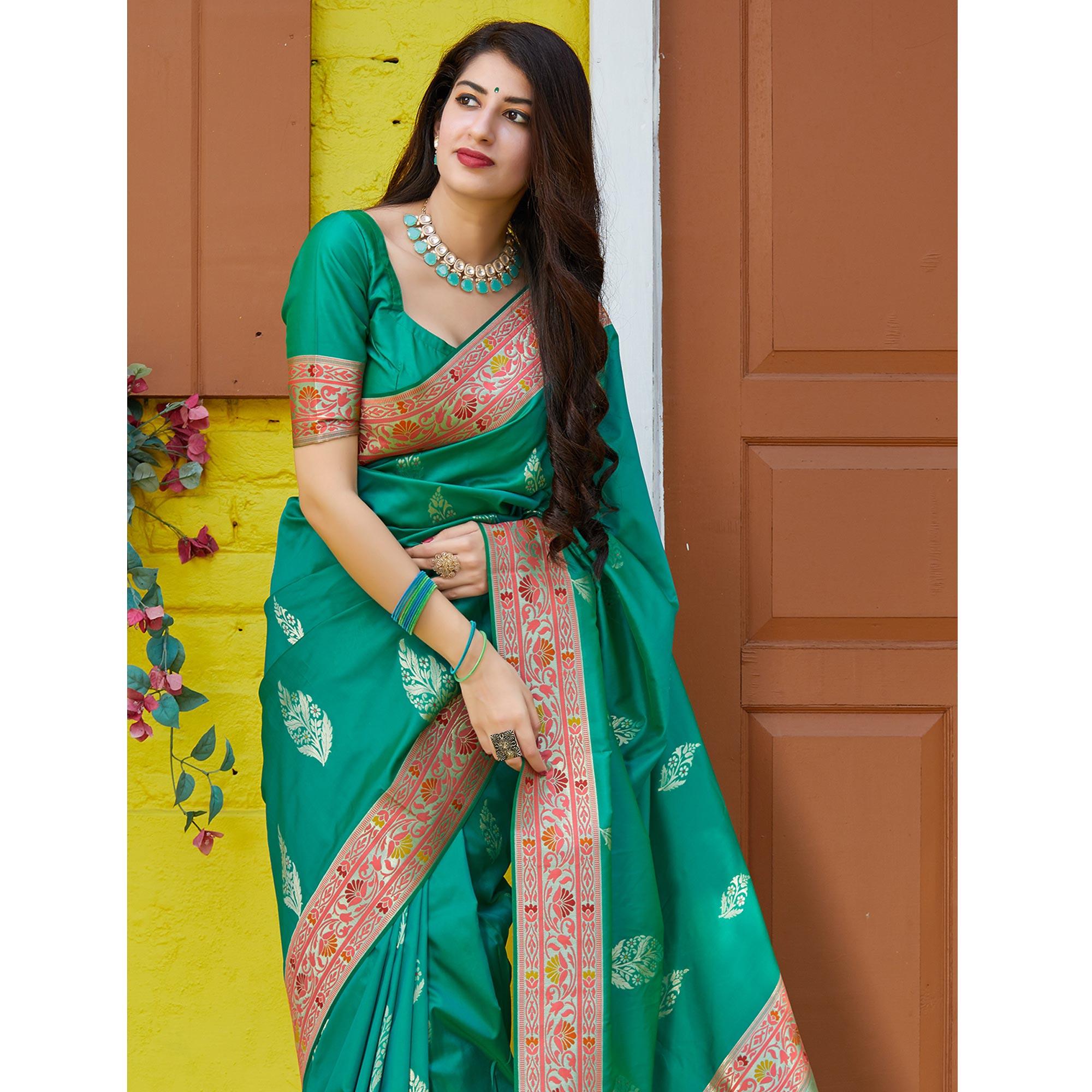 Desirable Turquoise Green Colored Festive Wear Woven Soft Silk Saree - Peachmode