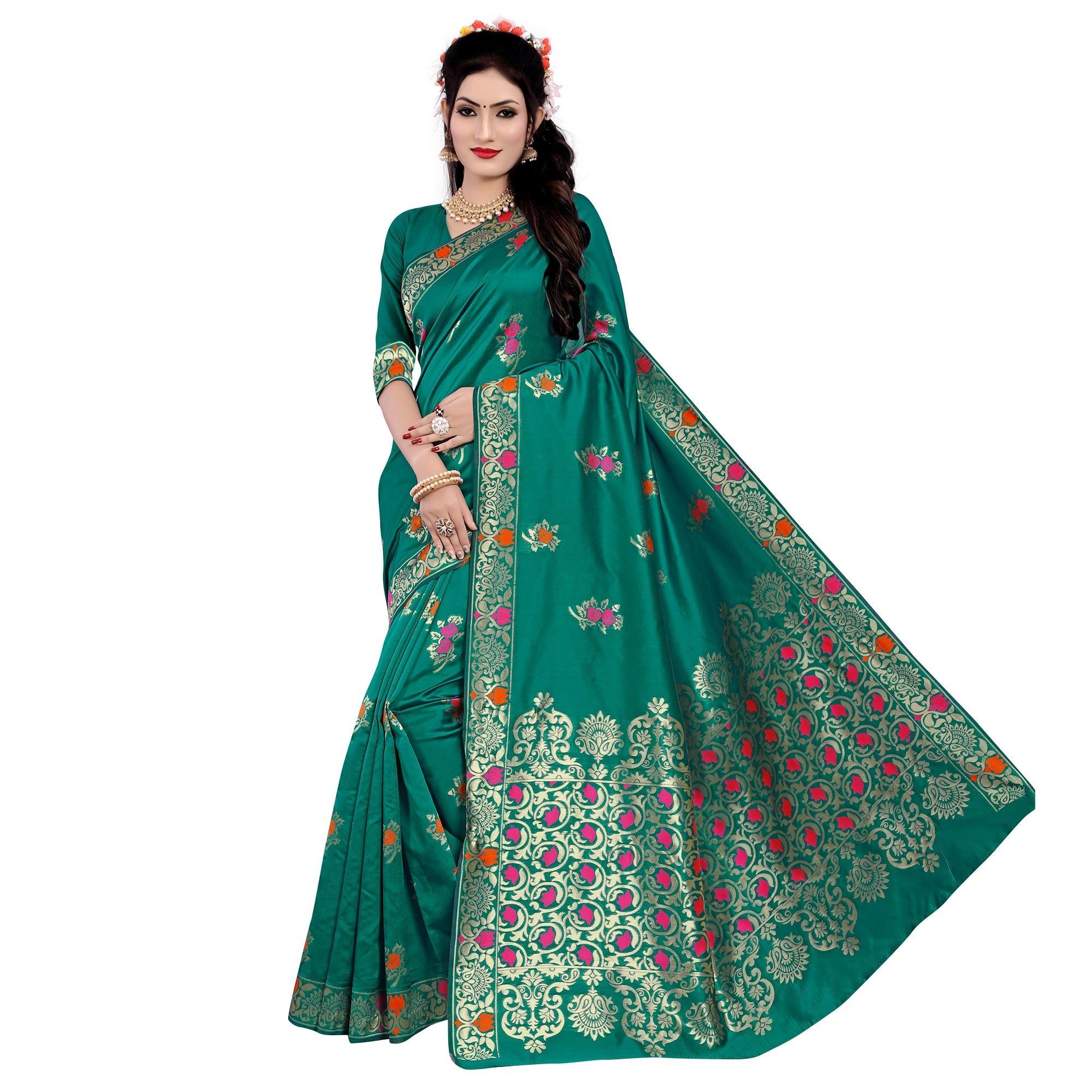 Desirable Turquoise Green Colored Festive Wear Woven Work Banarasi Silk Saree - Peachmode