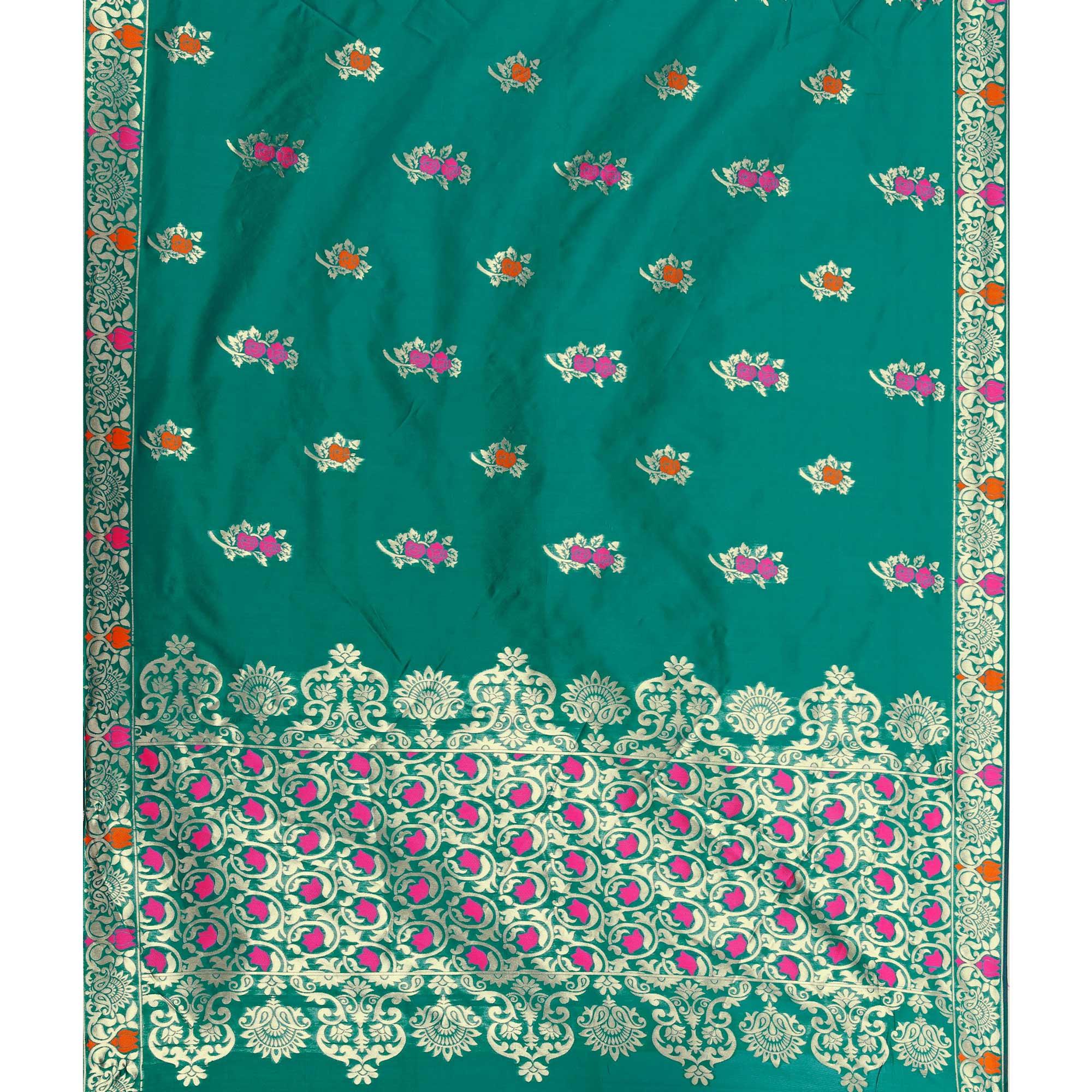 Desirable Turquoise Green Colored Festive Wear Woven Work Banarasi Silk Saree - Peachmode