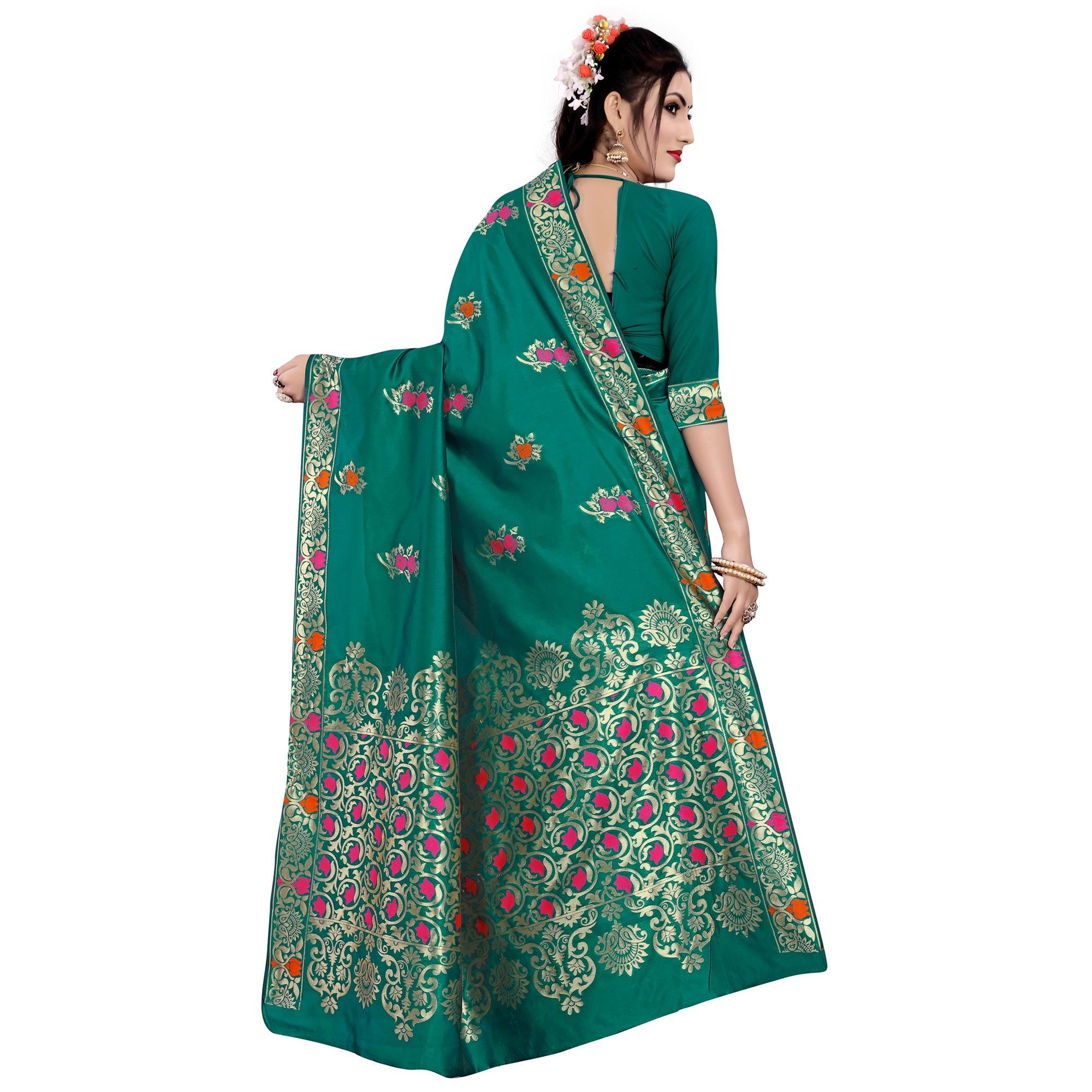 Desirable Turquoise Green Colored Festive Wear Woven Work Banarasi Silk Saree - Peachmode