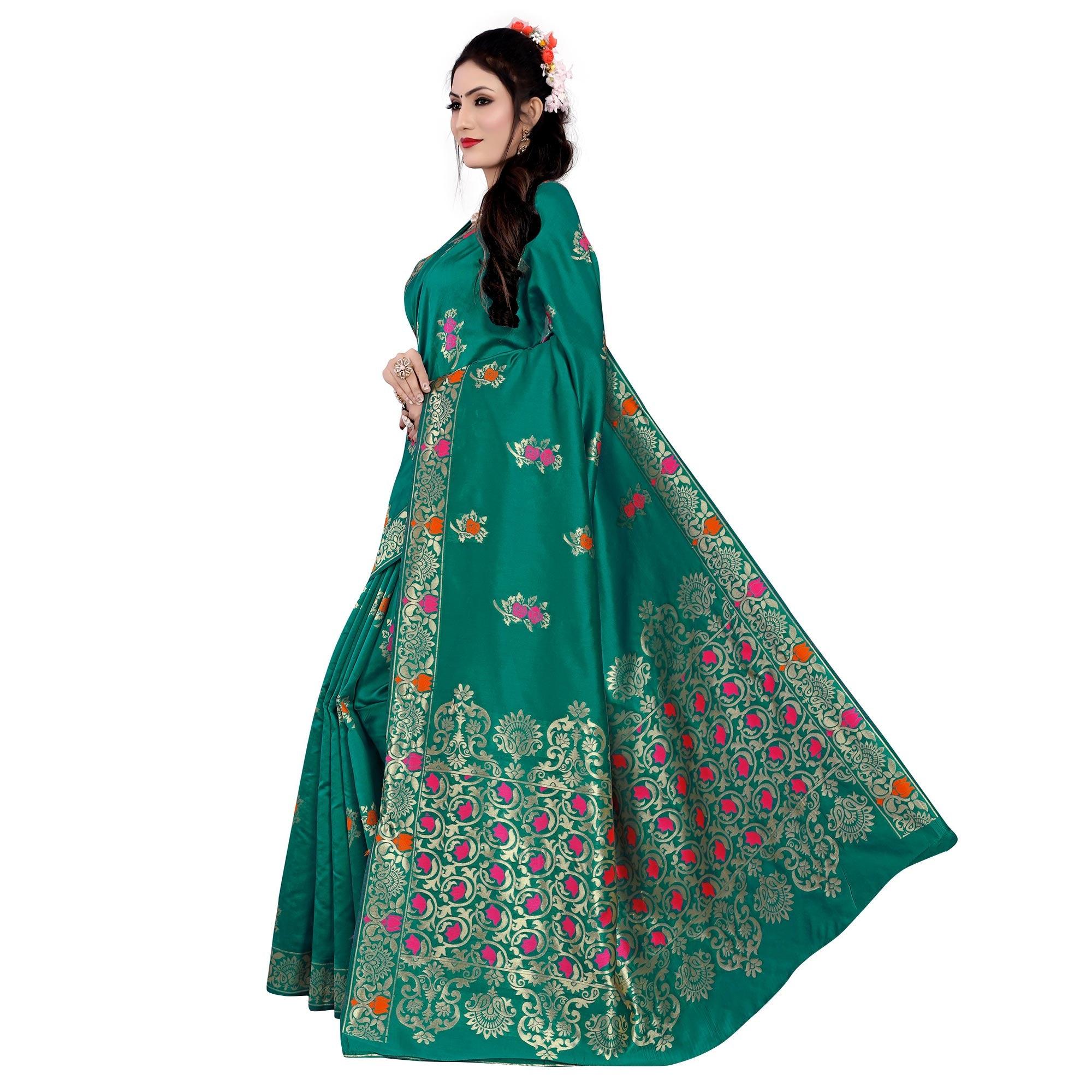Desirable Turquoise Green Colored Festive Wear Woven Work Banarasi Silk Saree - Peachmode