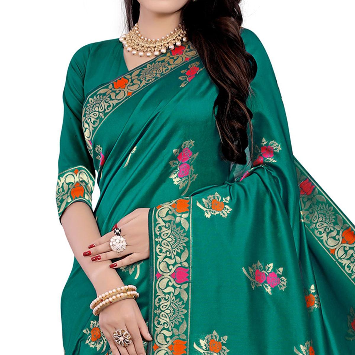 Desirable Turquoise Green Colored Festive Wear Woven Work Banarasi Silk Saree - Peachmode