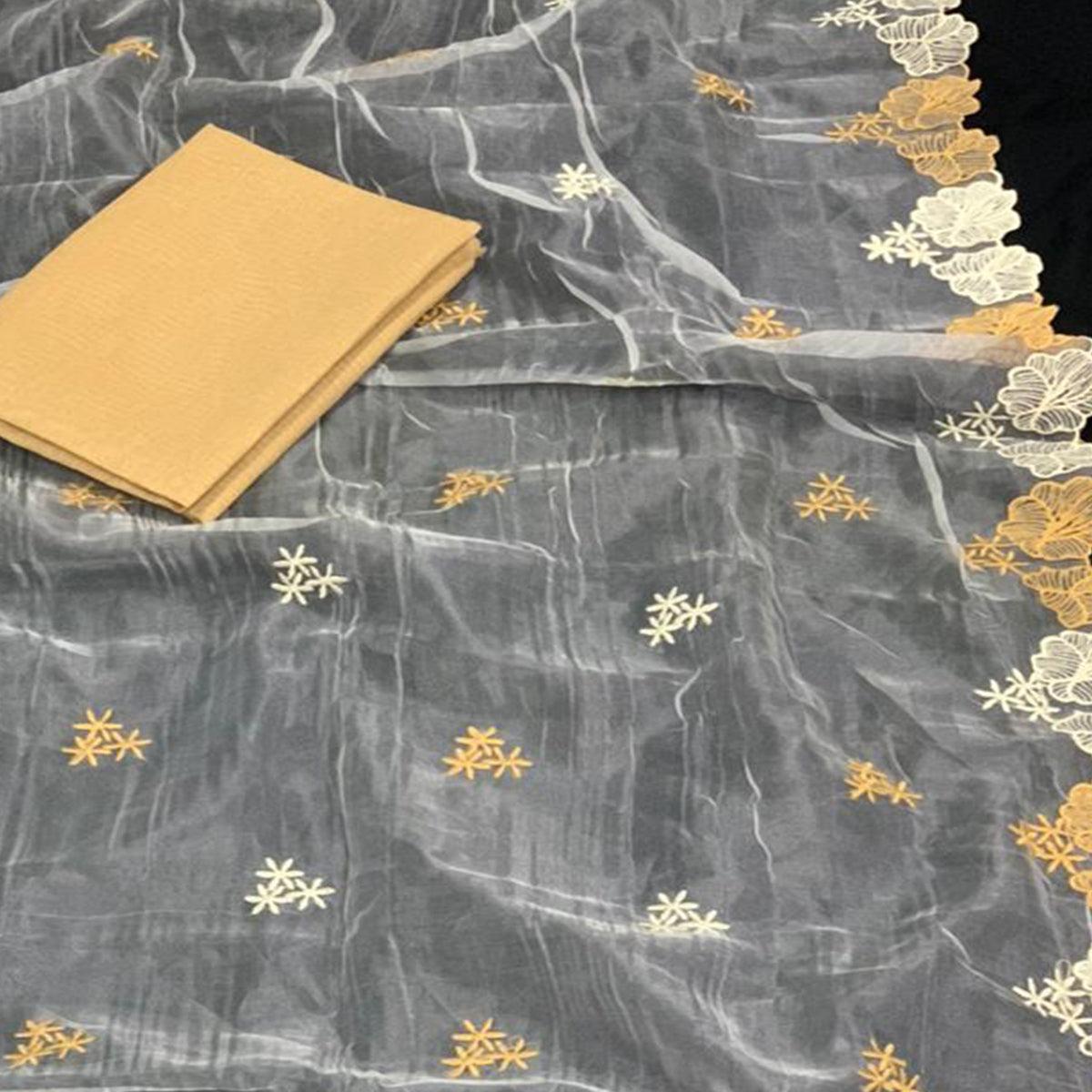 Desirable White - Beige Colored Partywear Embroidered Pure Organza Saree - Peachmode
