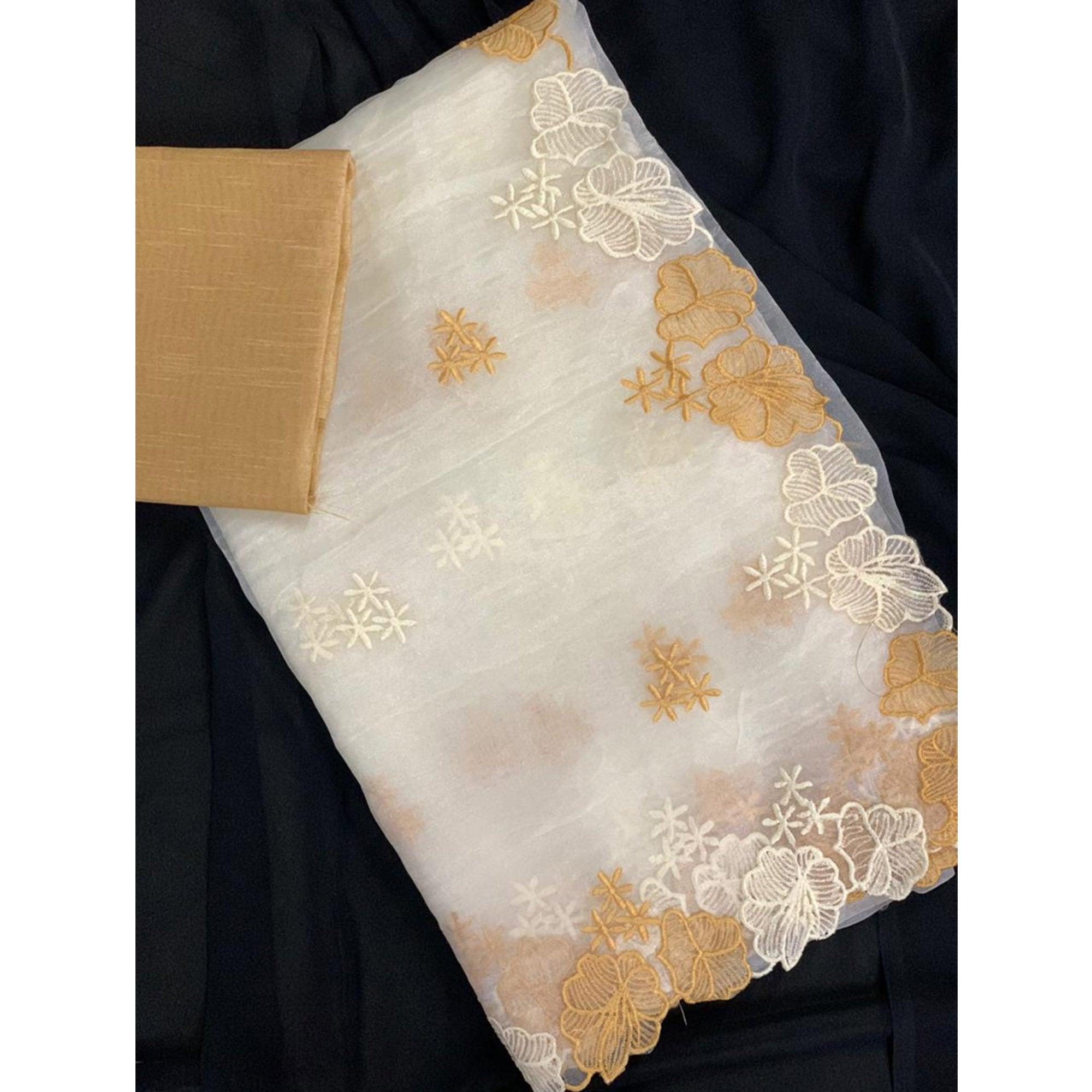 Desirable White - Beige Colored Partywear Embroidered Pure Organza Saree - Peachmode