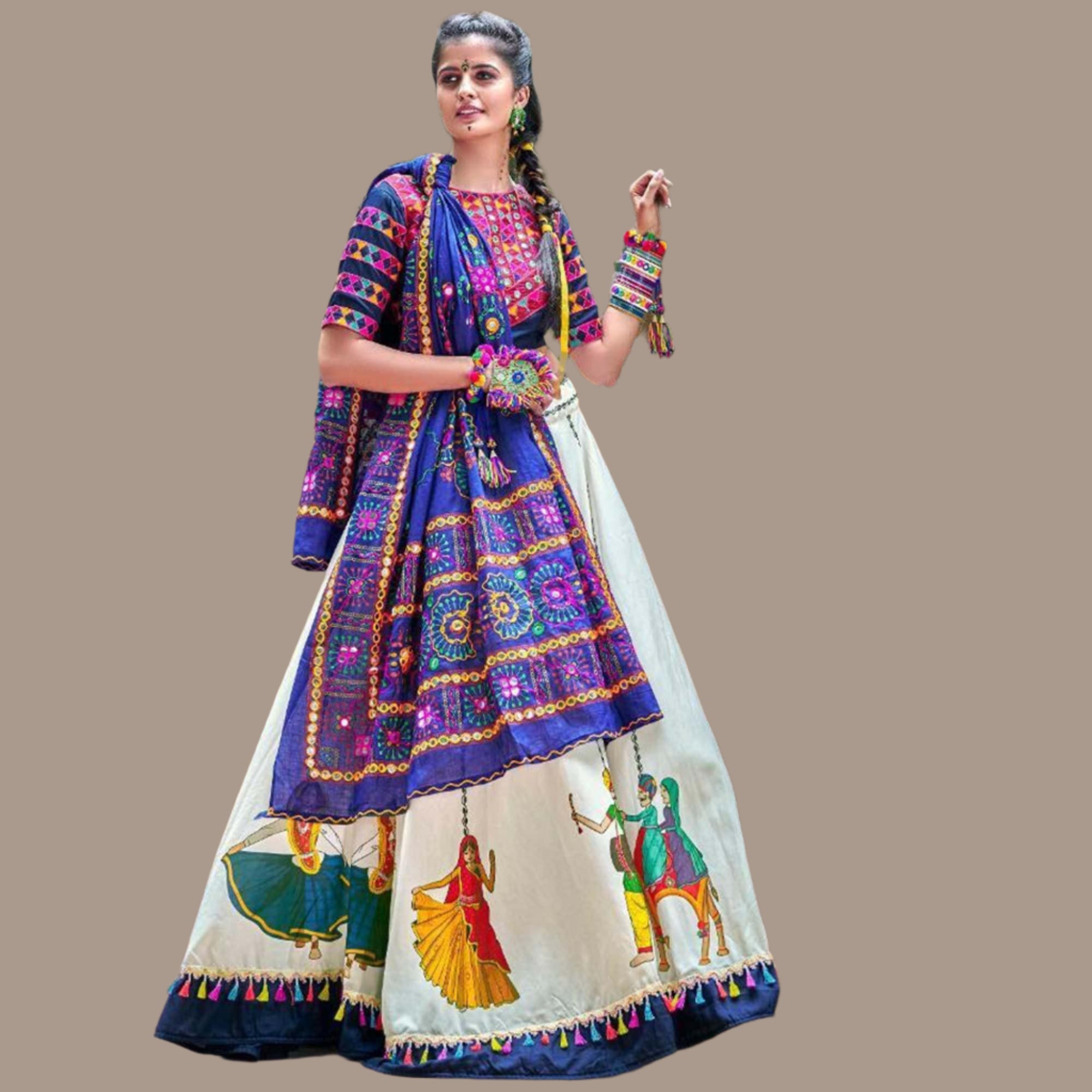 Desirable White-Blue Colored Party Wear Embroidered Soft Cotton Navratri Lehenga Choli - Peachmode