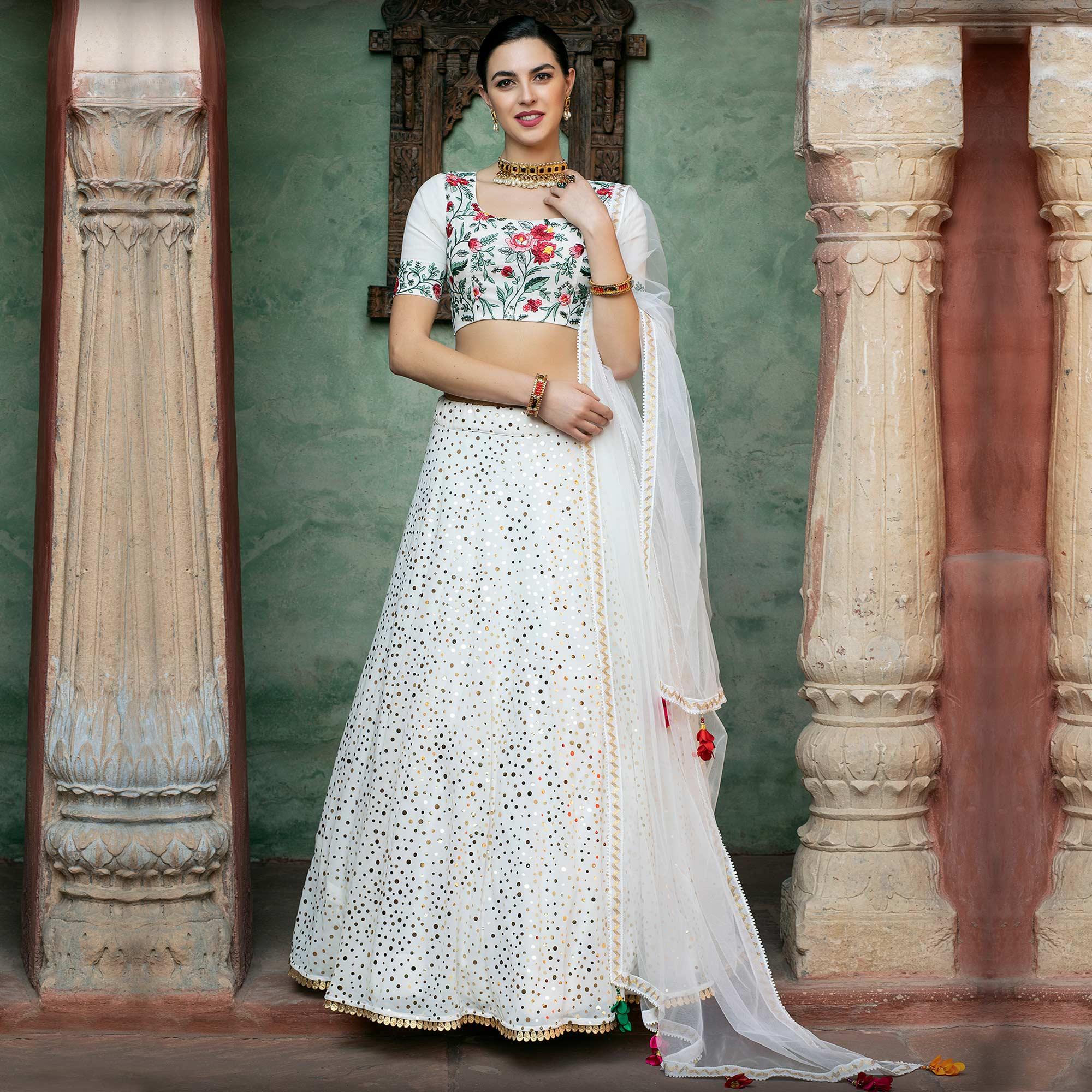 Desirable White Coloured Festive Wear Fancy Sequence Work Georgette Lehenga Choli - Peachmode